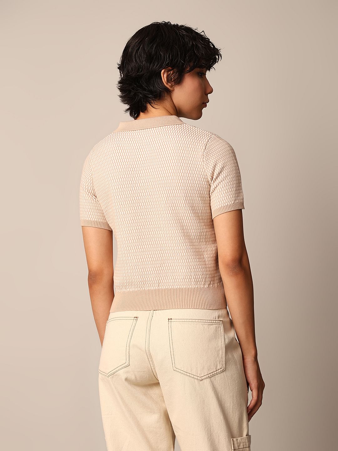 Beige Jacquard Knit Polo Pullover