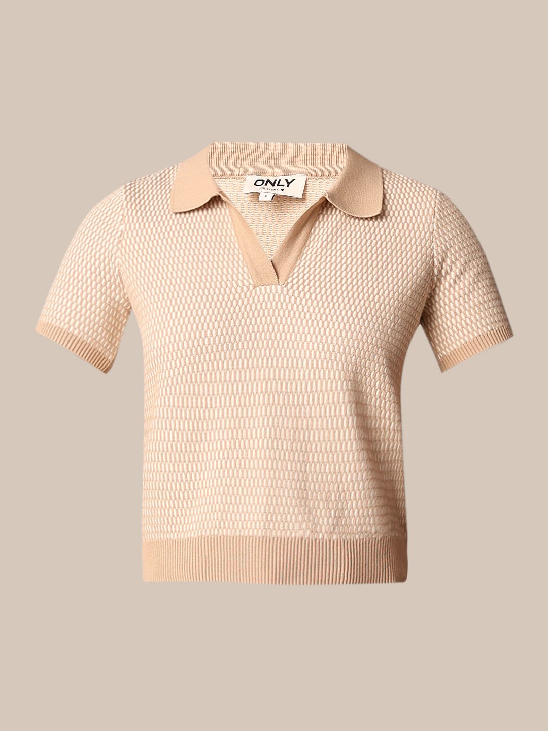 Beige Jacquard Knit Polo Pullover