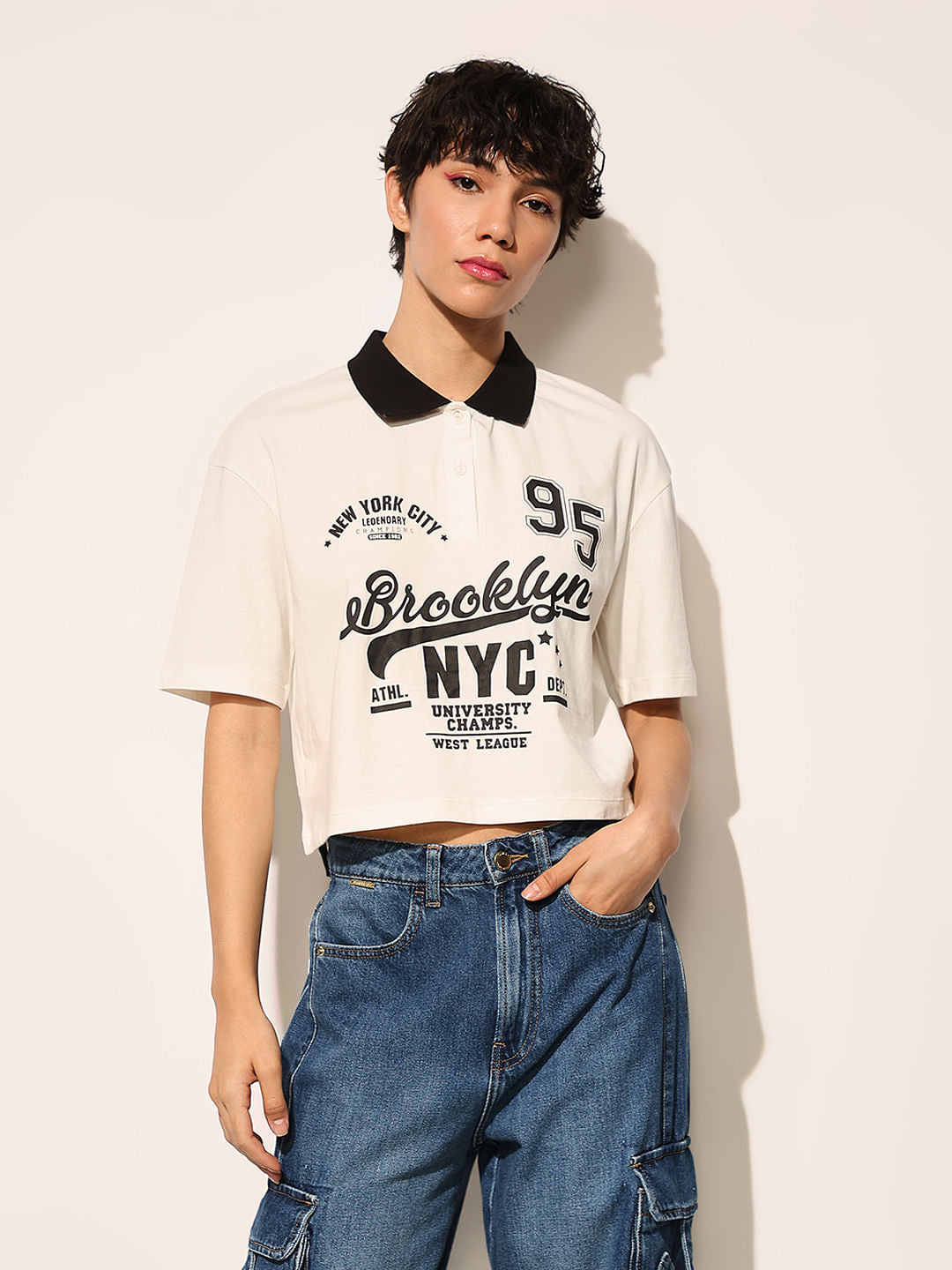 White Printed Cropped T-Shirt