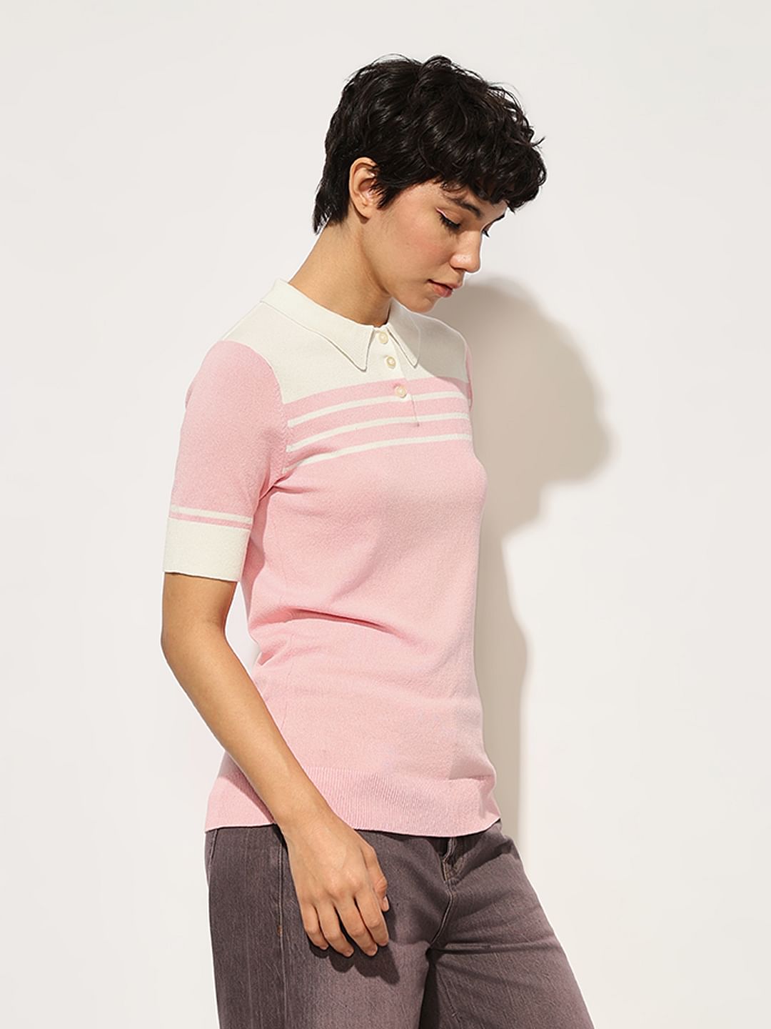 Pink Knitted Colourblocked Polo