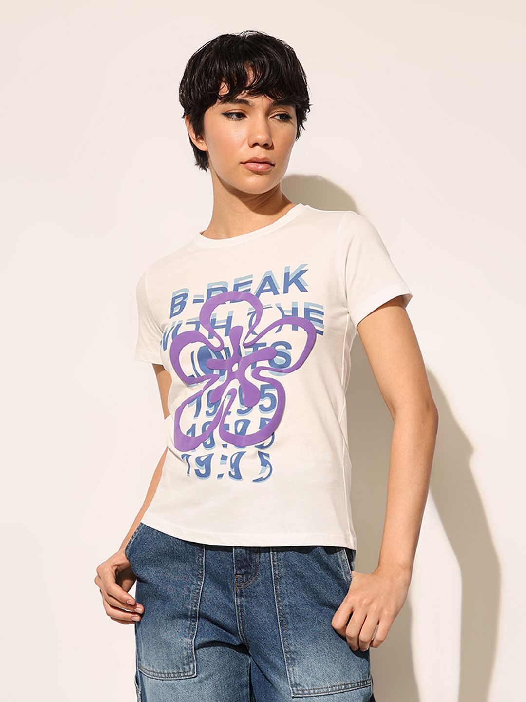 White Cotton Printed T-Shirt