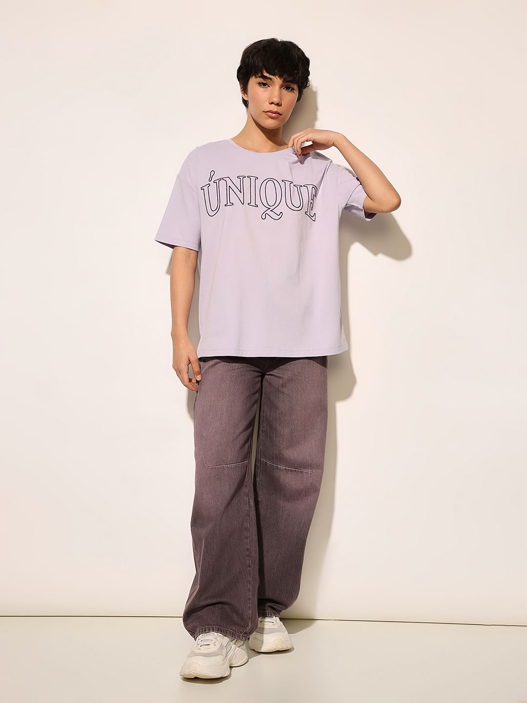 Purple Text Print Oversized T-Shirt