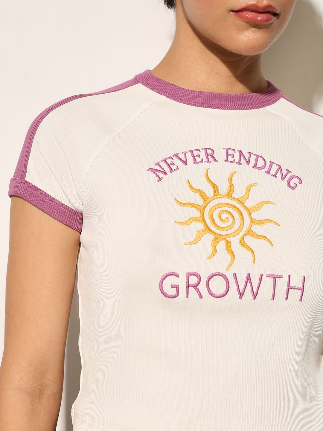 White Embroidered Text Crop T-Shirt