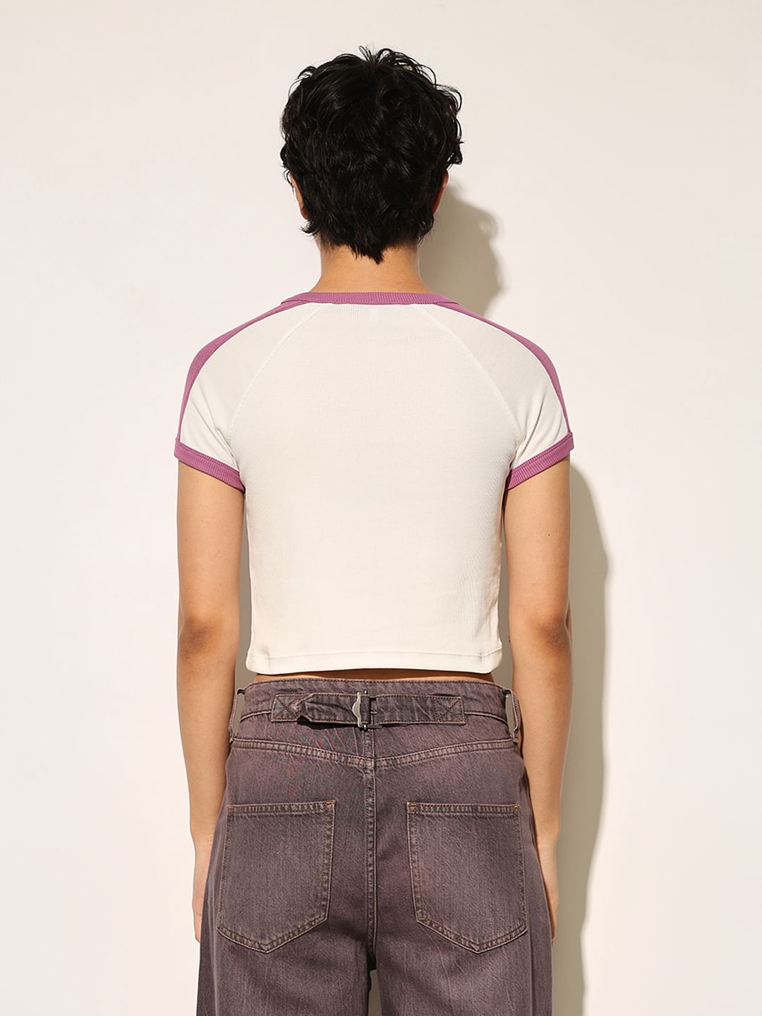 White Embroidered Text Crop T-Shirt