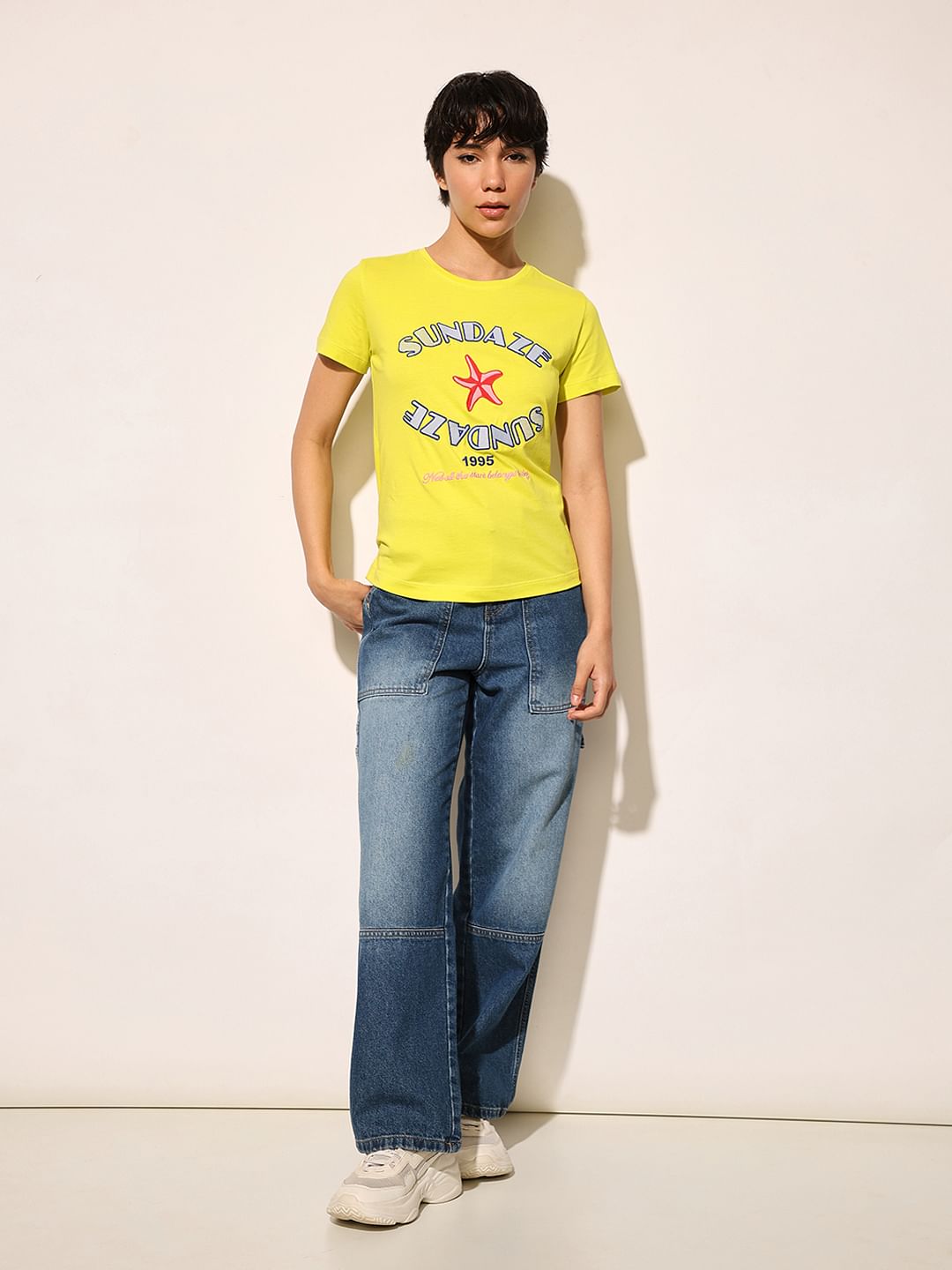 White Embroidered Text Cotton T-Shirt