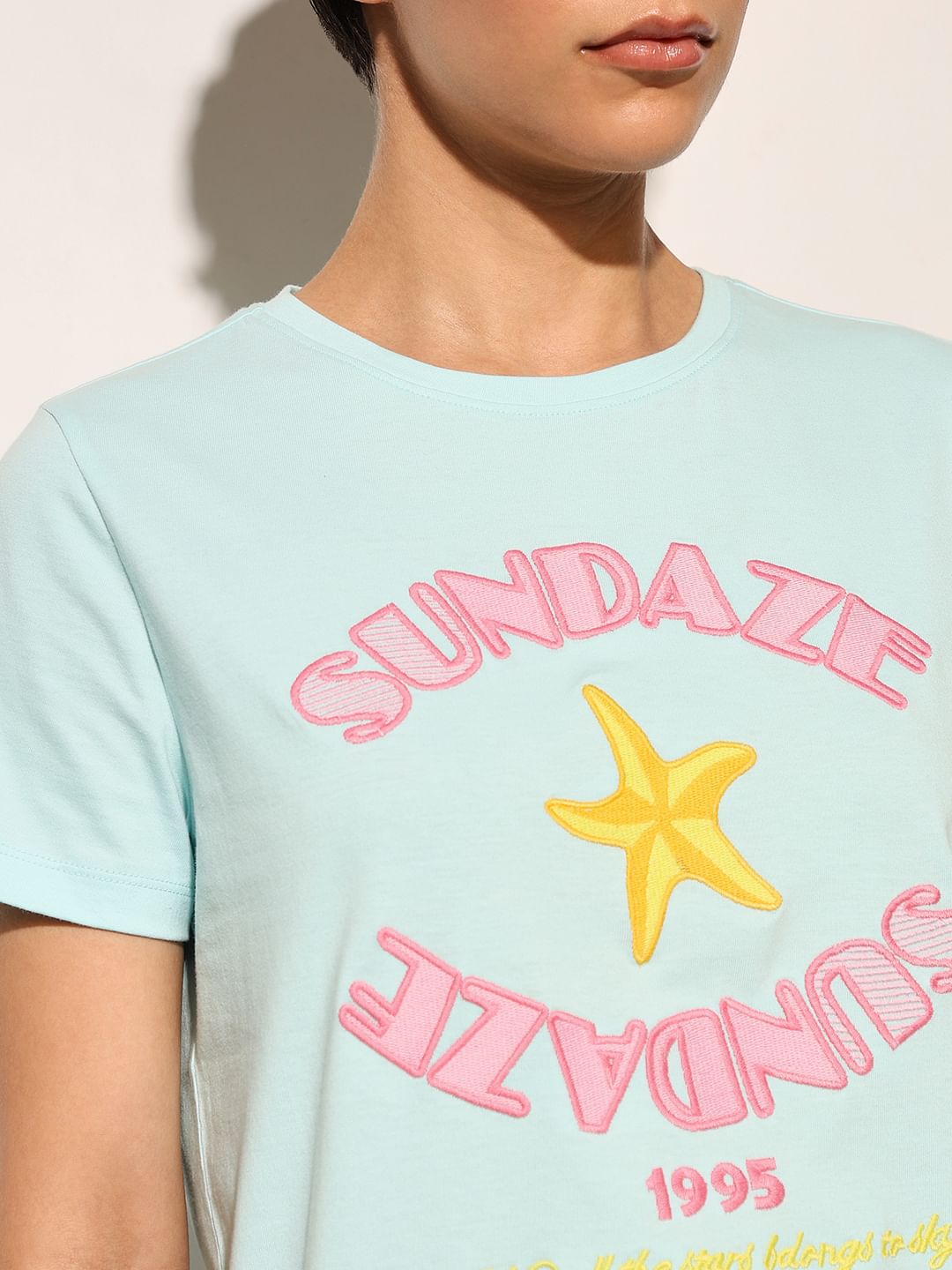 Blue Embroidered Text Cotton T-Shirt