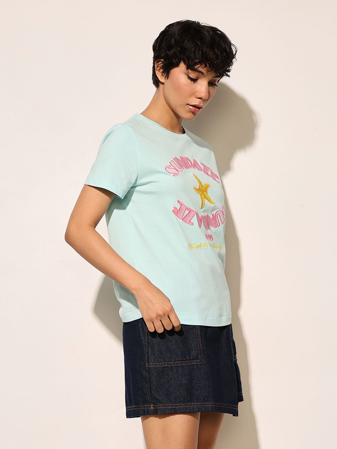 Blue Embroidered Text Cotton T-Shirt