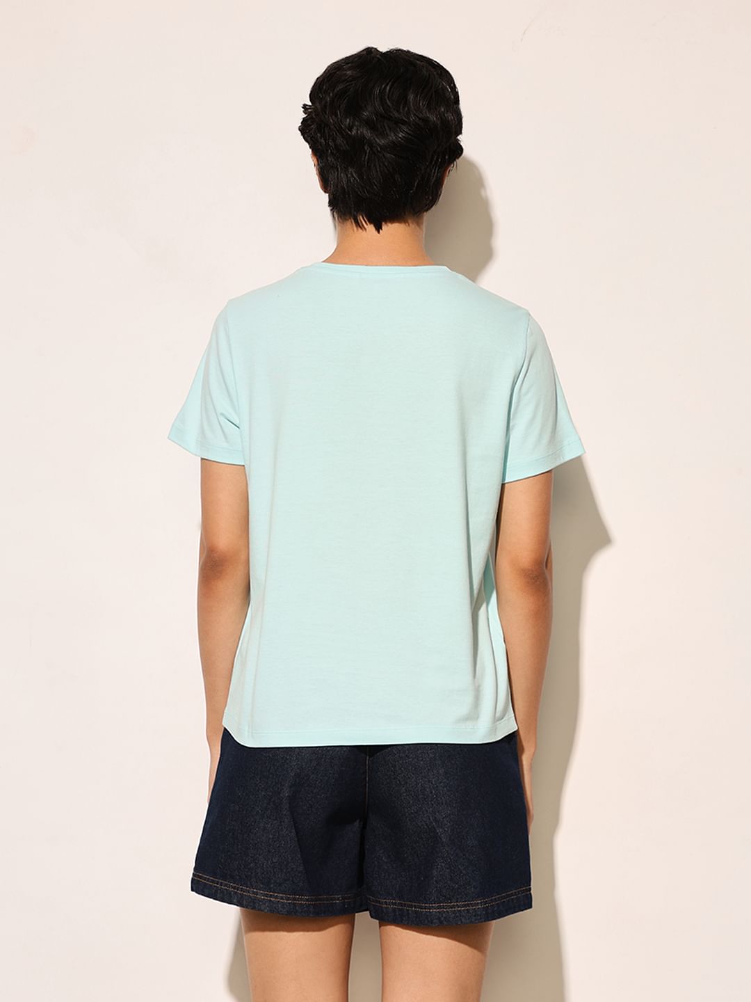 Blue Embroidered Text Cotton T-Shirt