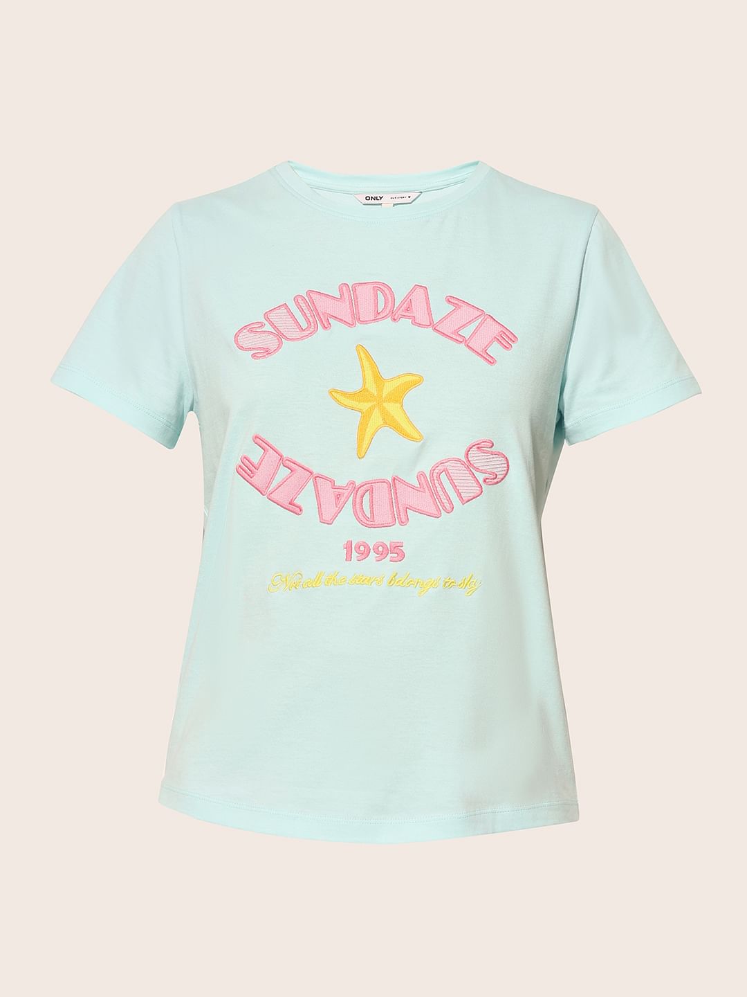 Blue Embroidered Text Cotton T-Shirt