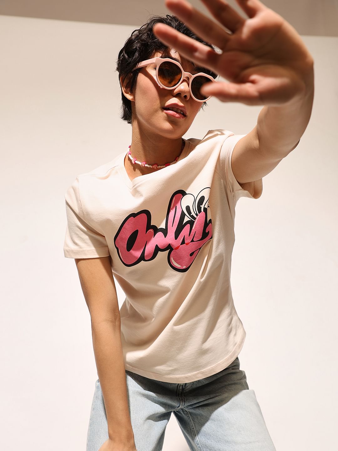 Cream Typographic Logo Print T-Shirt