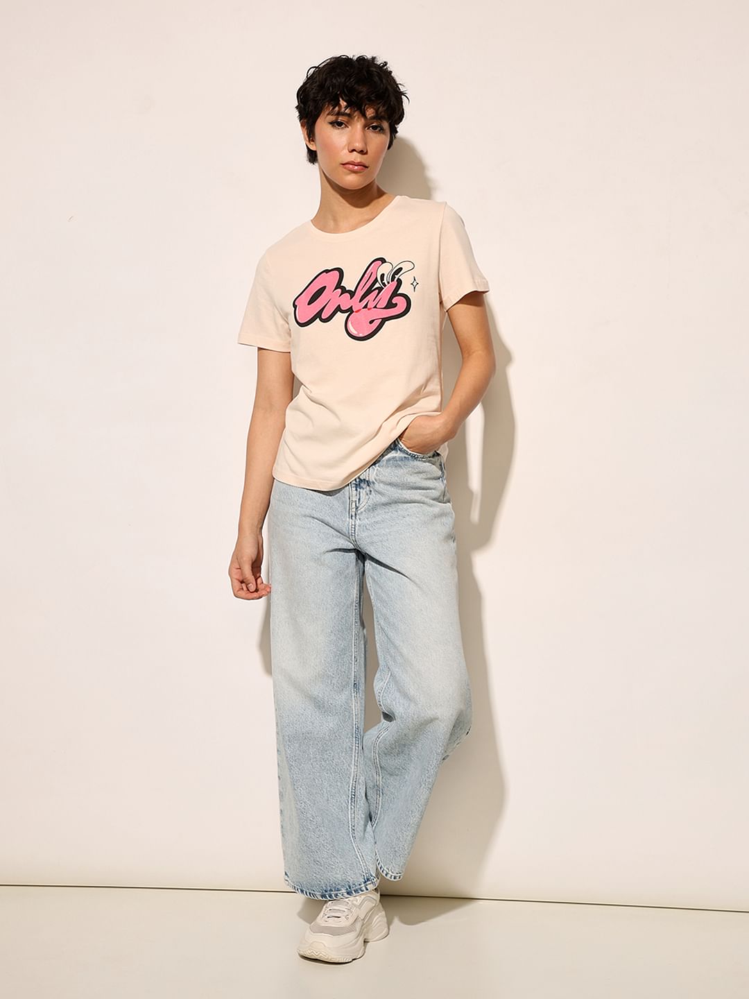 Cream Typographic Logo Print T-Shirt