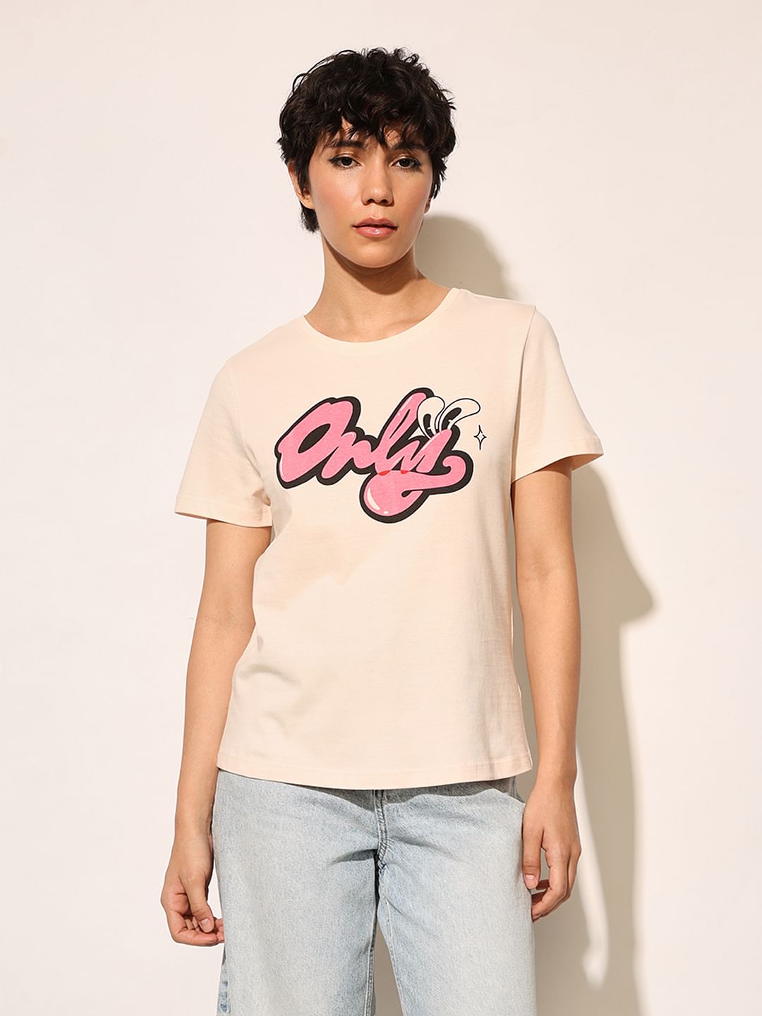 Cream Typographic Logo Print T-Shirt