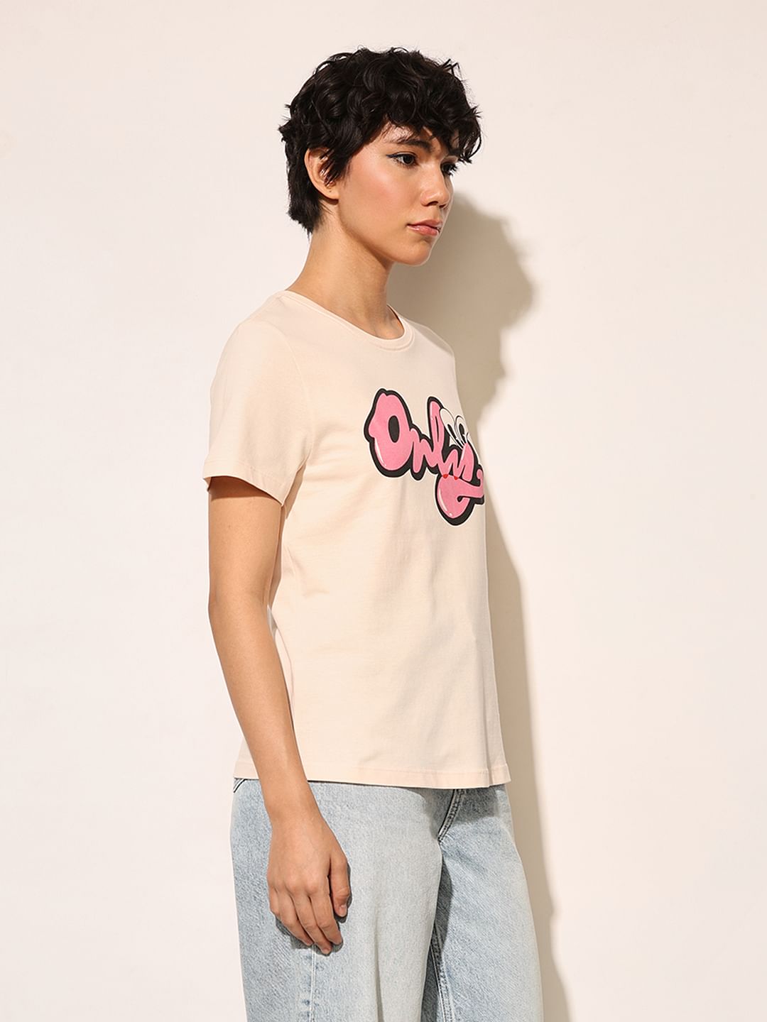 Cream Typographic Logo Print T-Shirt