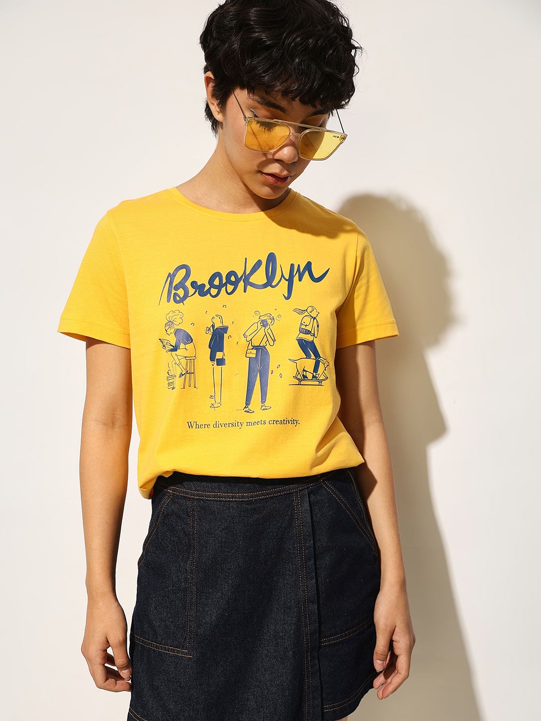 Yellow Printed Cotton T-Shirt
