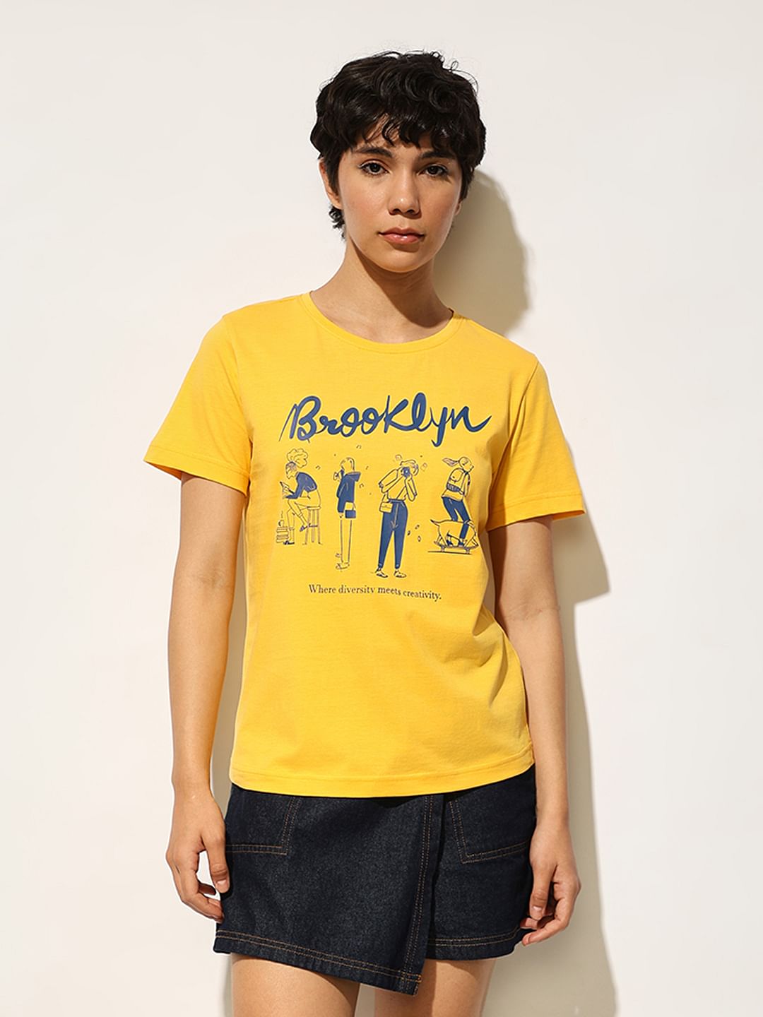 Yellow Printed Cotton T-Shirt