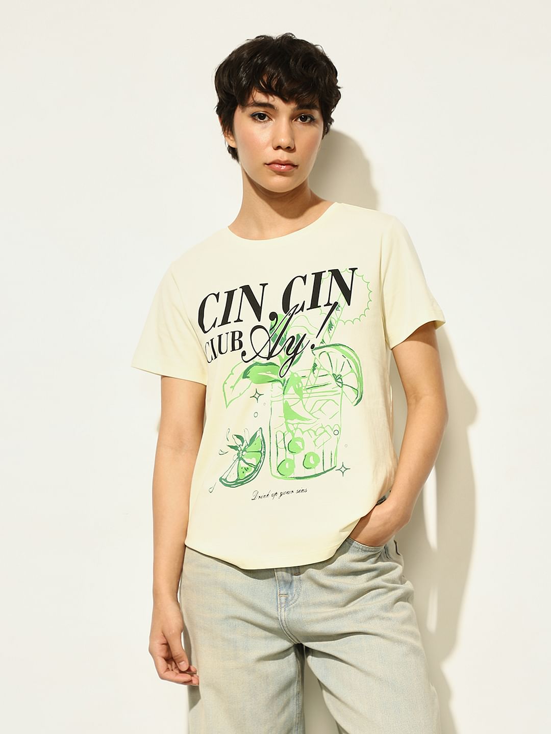 Yellow Printed Cotton T-Shirt