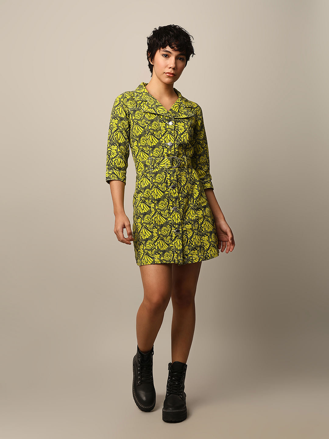 Green Printed Short Shirt Dress