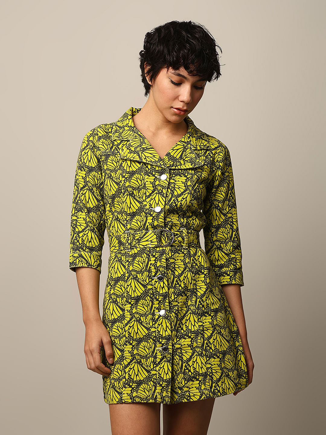 Green Printed Short Shirt Dress