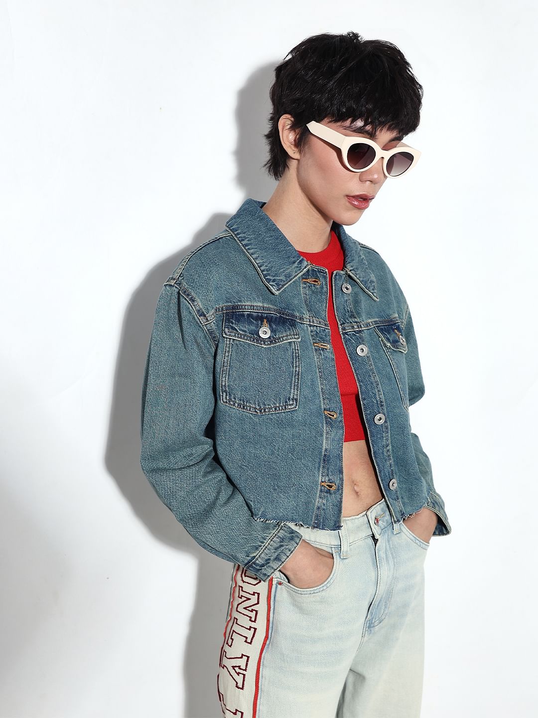 Blue Raw Edge Hem Denim Jacket