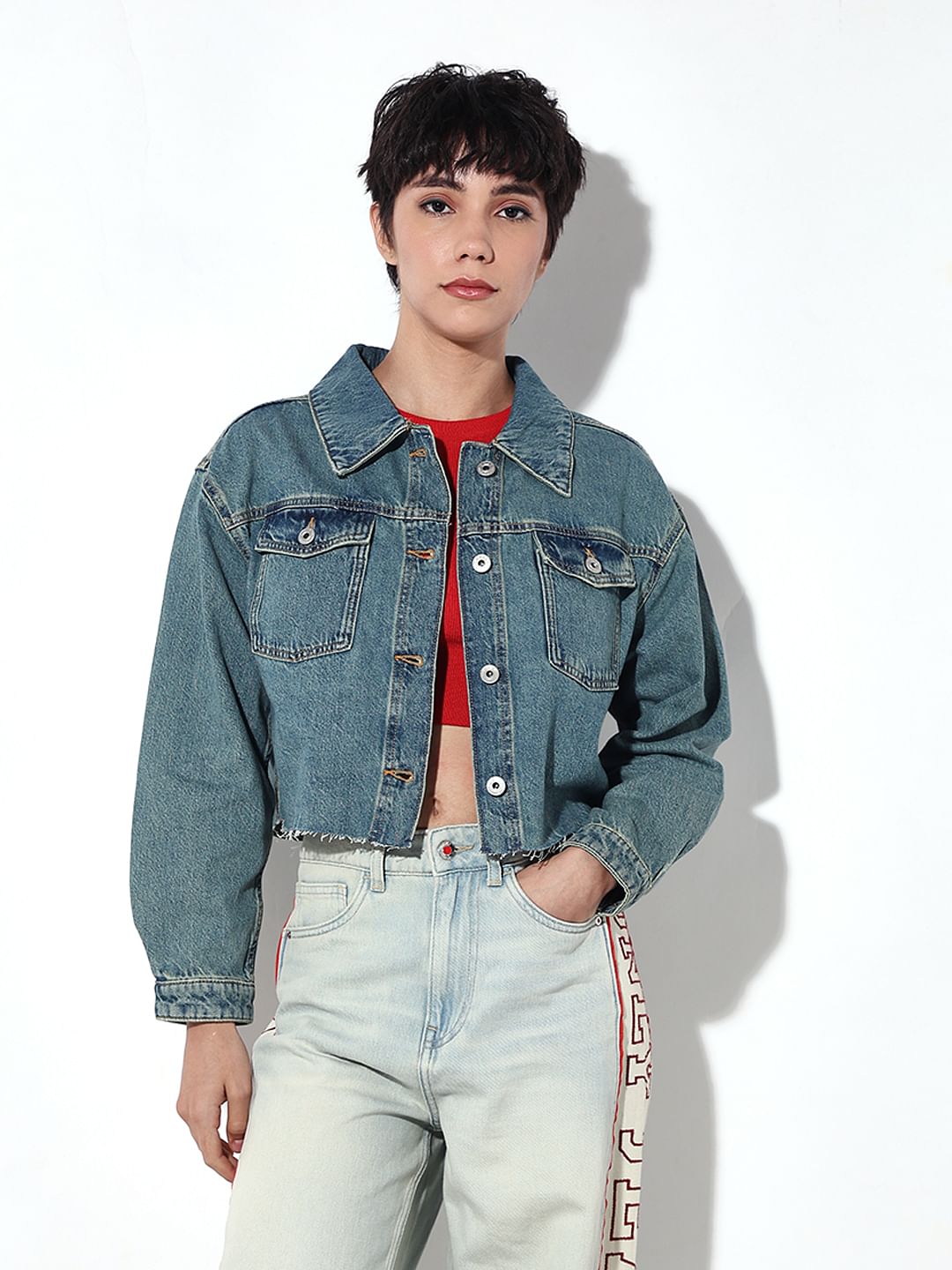 Blue Raw Edge Hem Denim Jacket