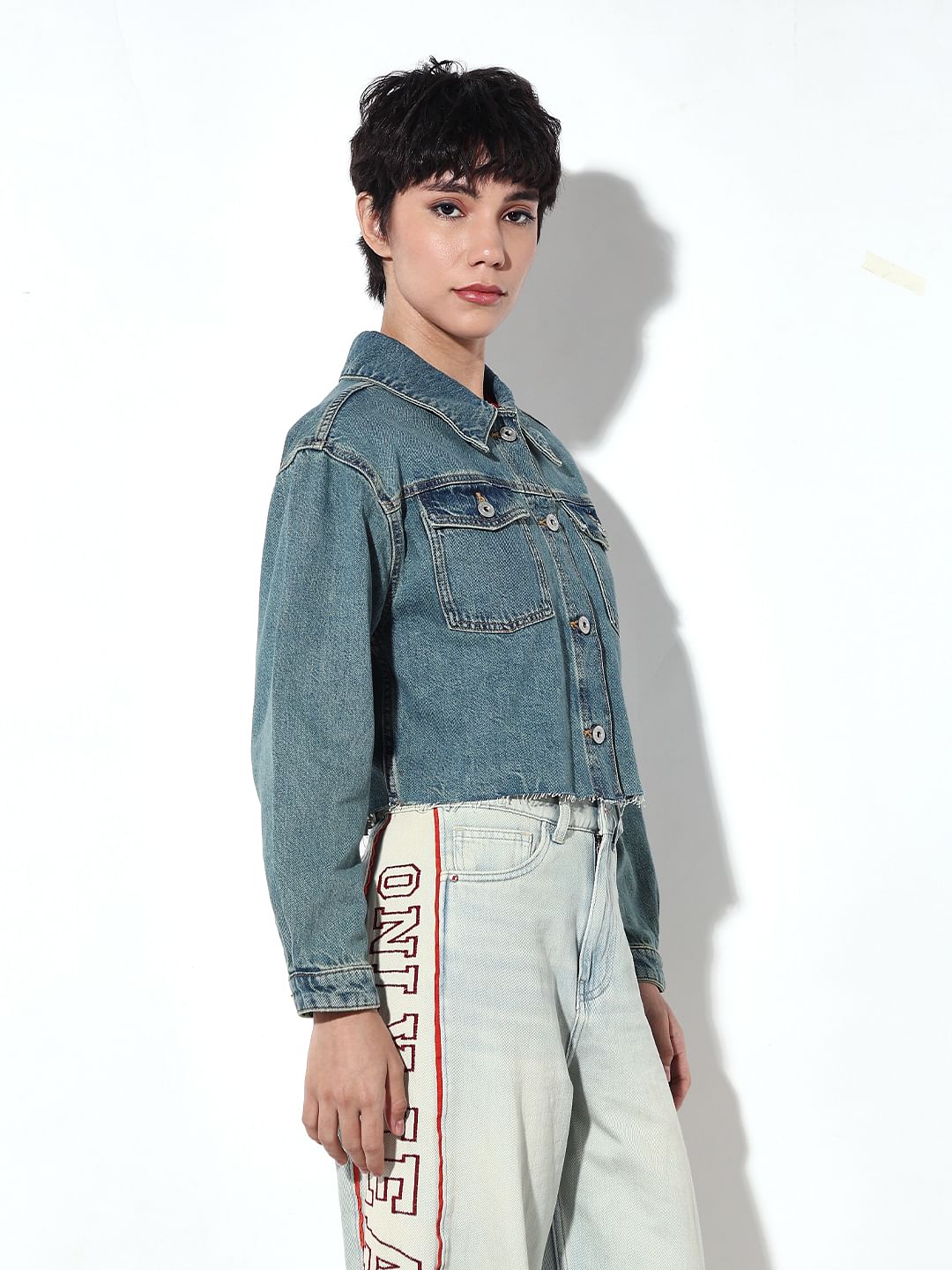 Blue Raw Edge Hem Denim Jacket