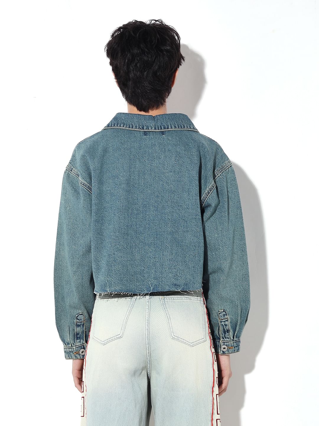 Blue Raw Edge Hem Denim Jacket