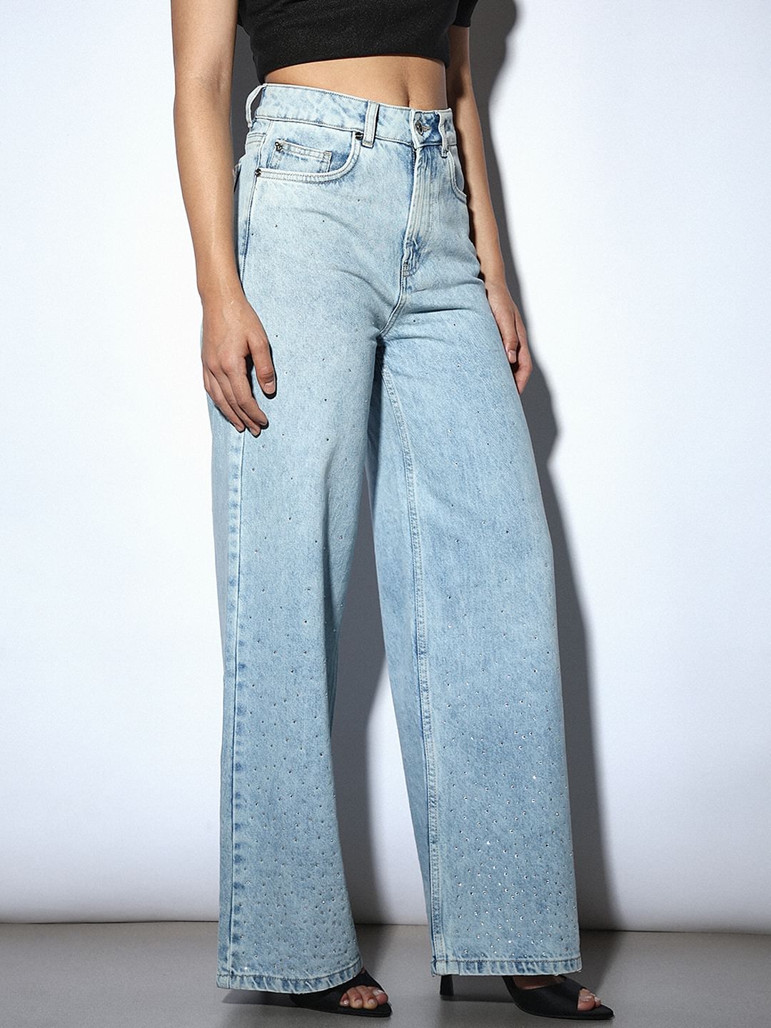 Light Blue Rhinestone Embellished Wide Leg Jeans