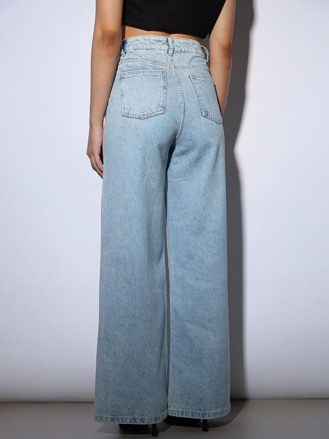 Light Blue Rhinestone Embellished Wide Leg Jeans