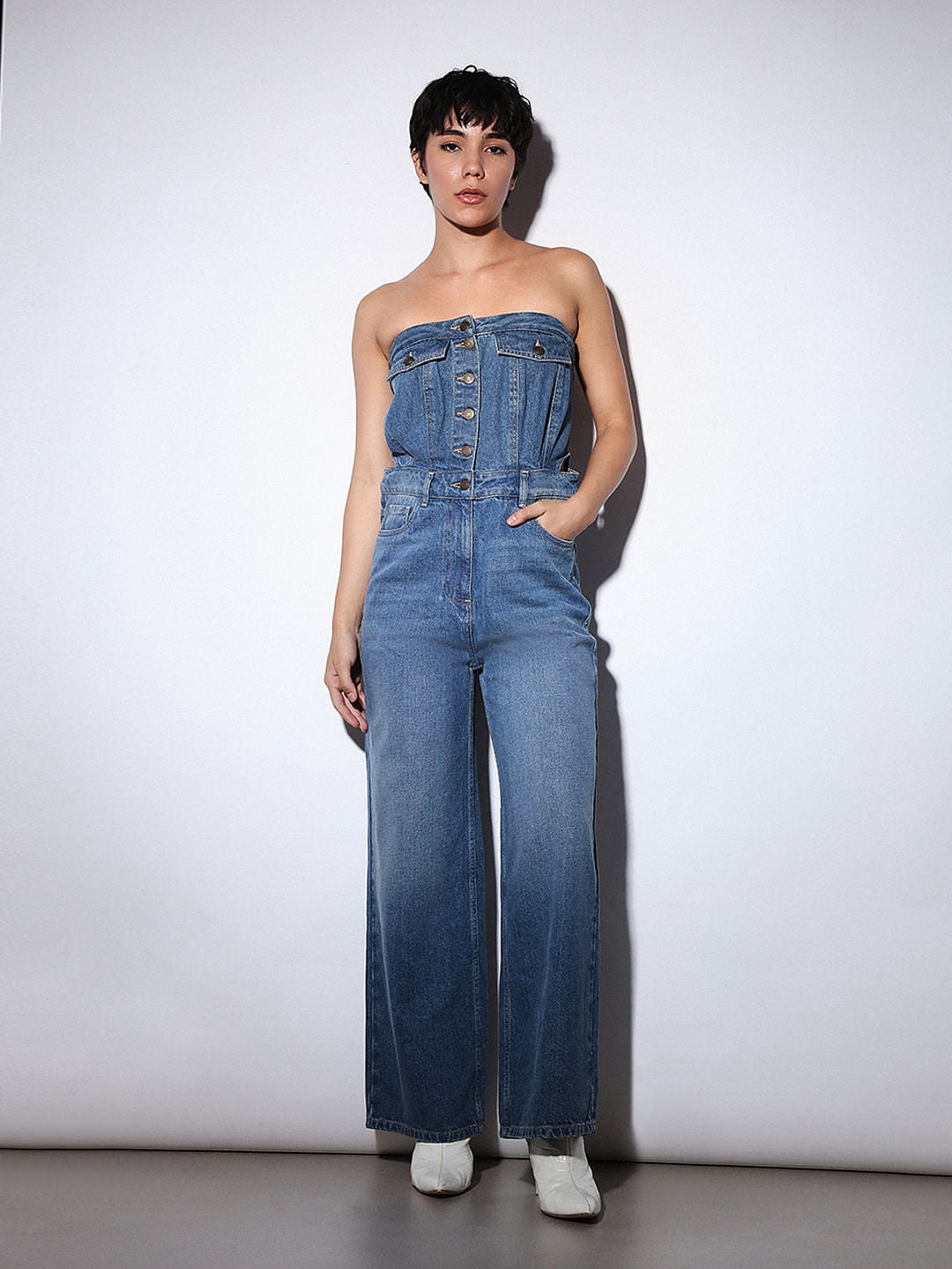 Blue Off-Shoulder Denim Jumpsuit