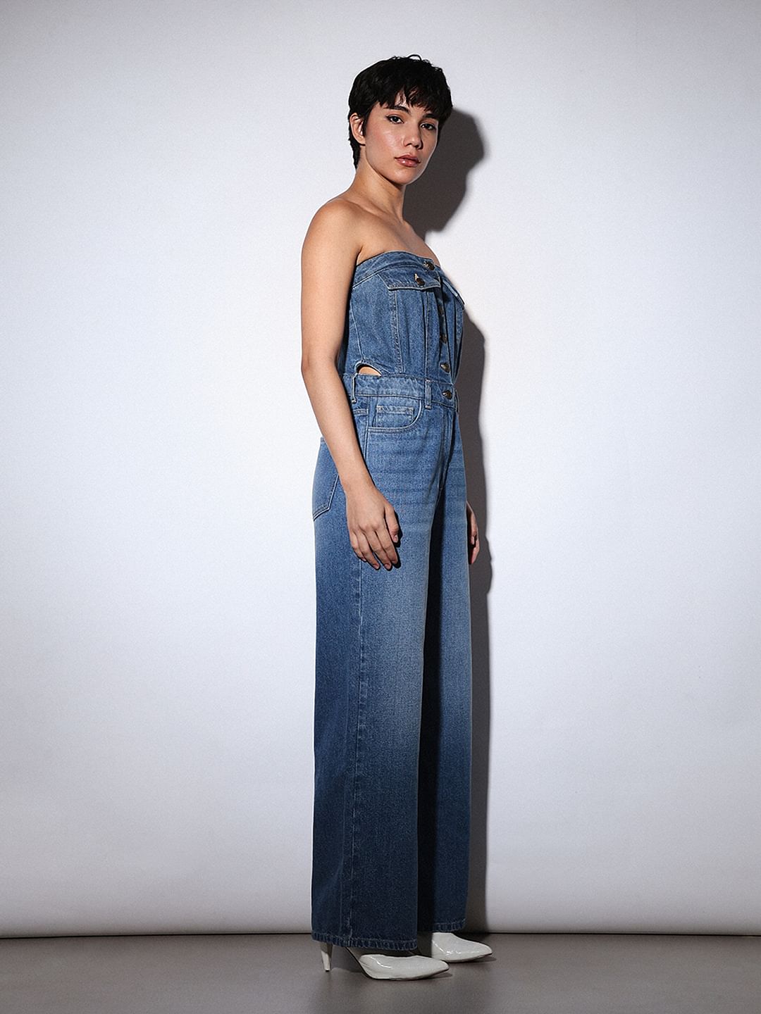 Blue Off-Shoulder Denim Jumpsuit