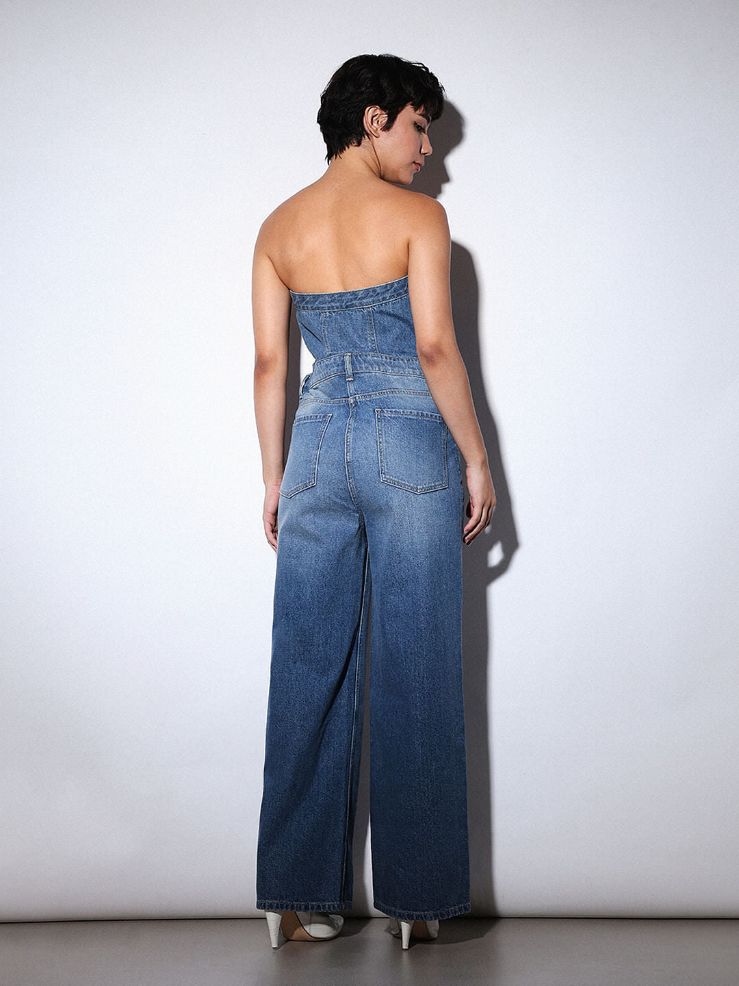 Blue Off-Shoulder Denim Jumpsuit