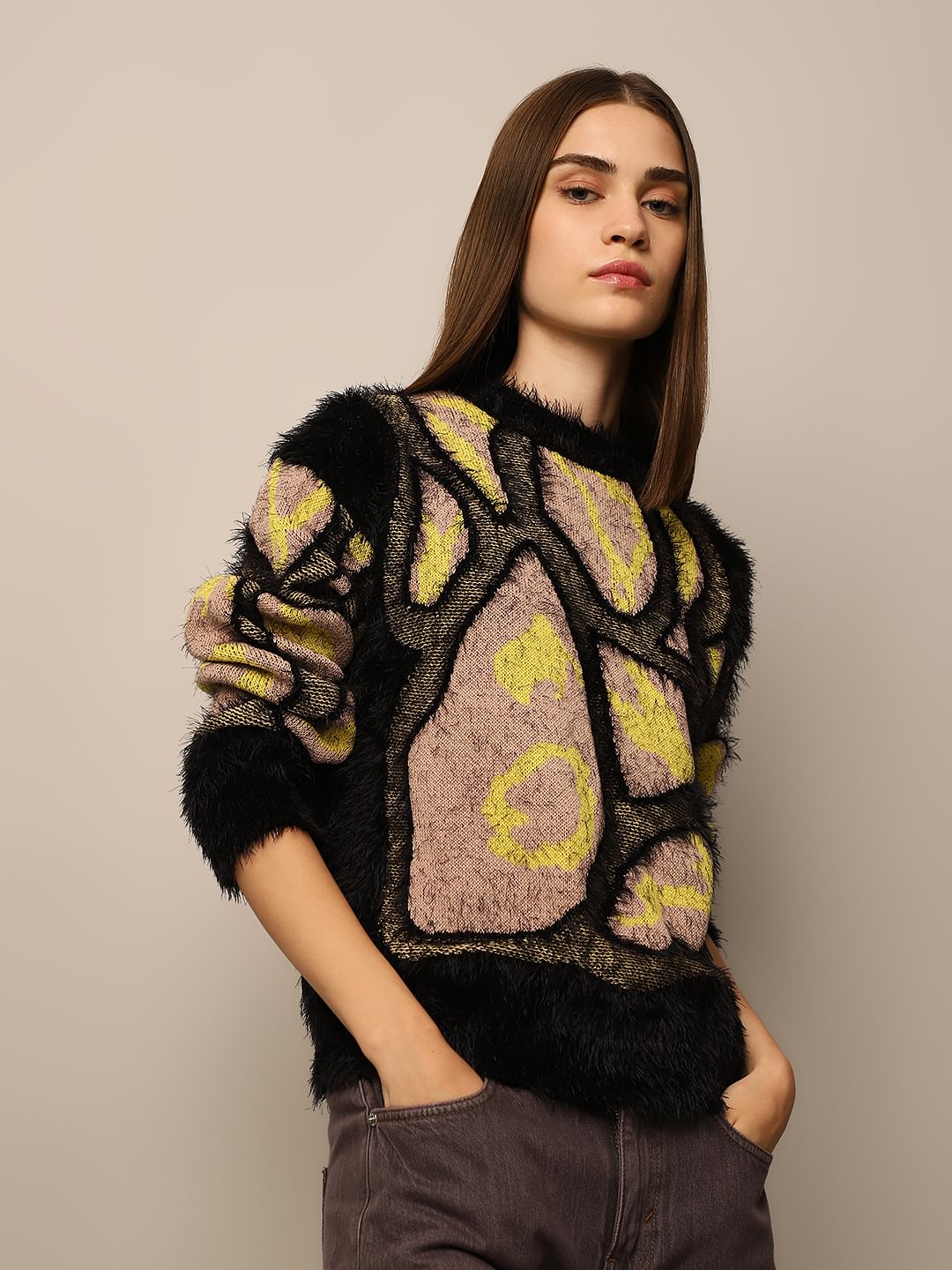 Black Abstract Print Jacquard Pullover