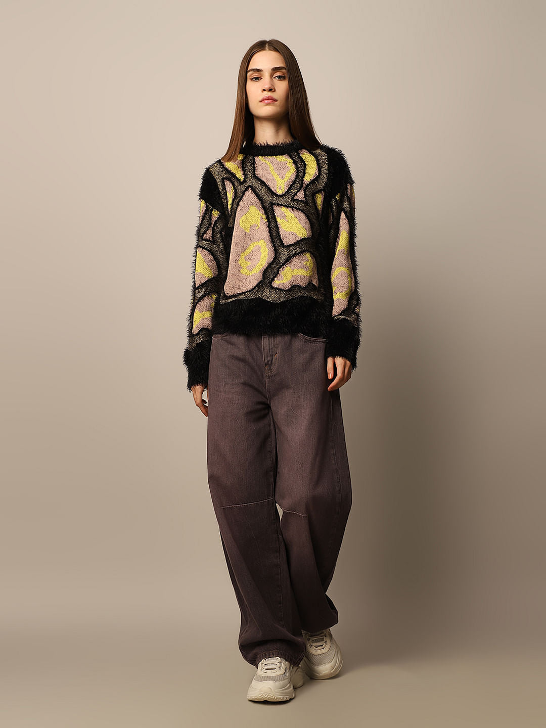 Black Abstract Print Jacquard Pullover