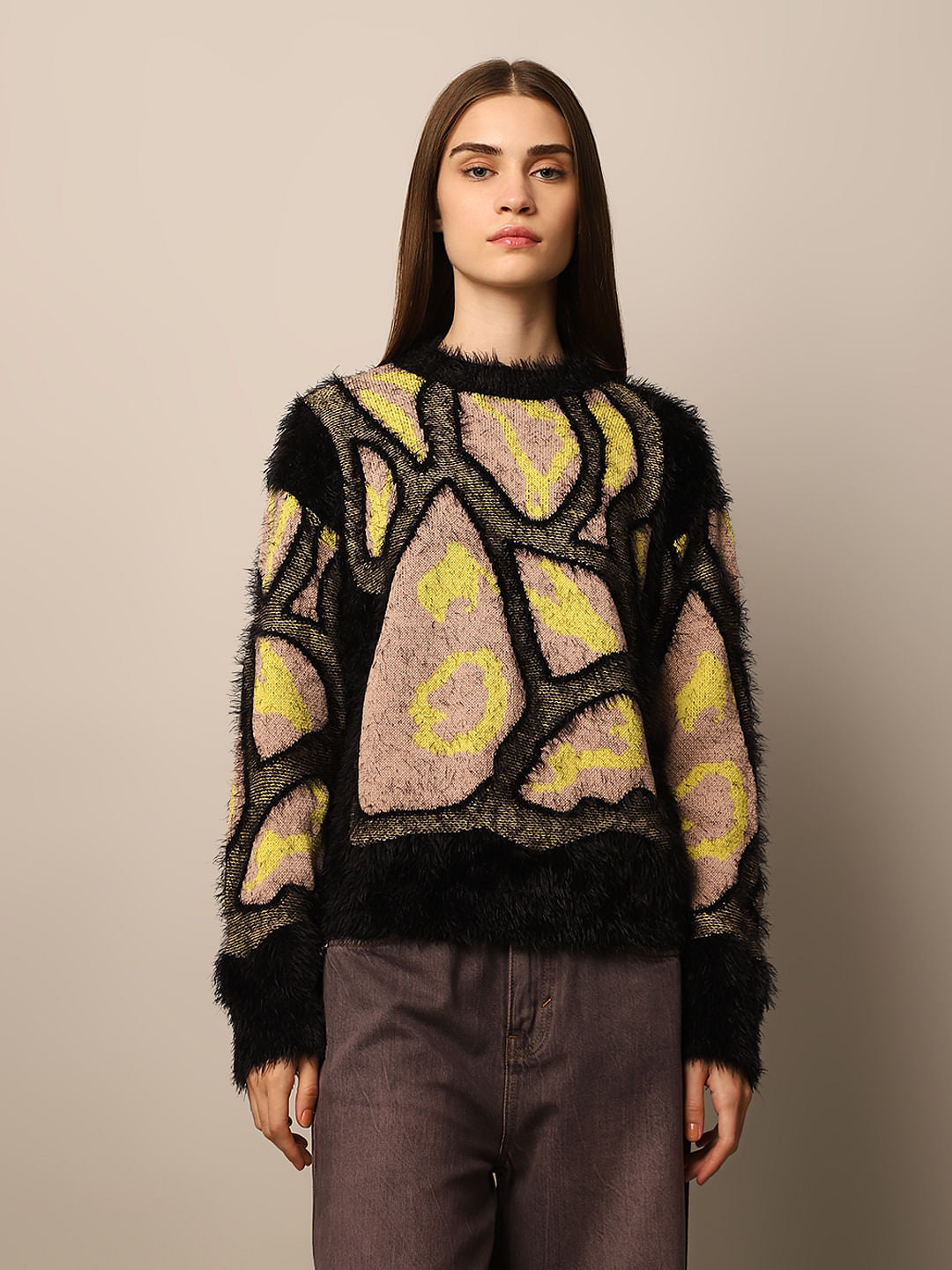 Black Abstract Print Jacquard Pullover