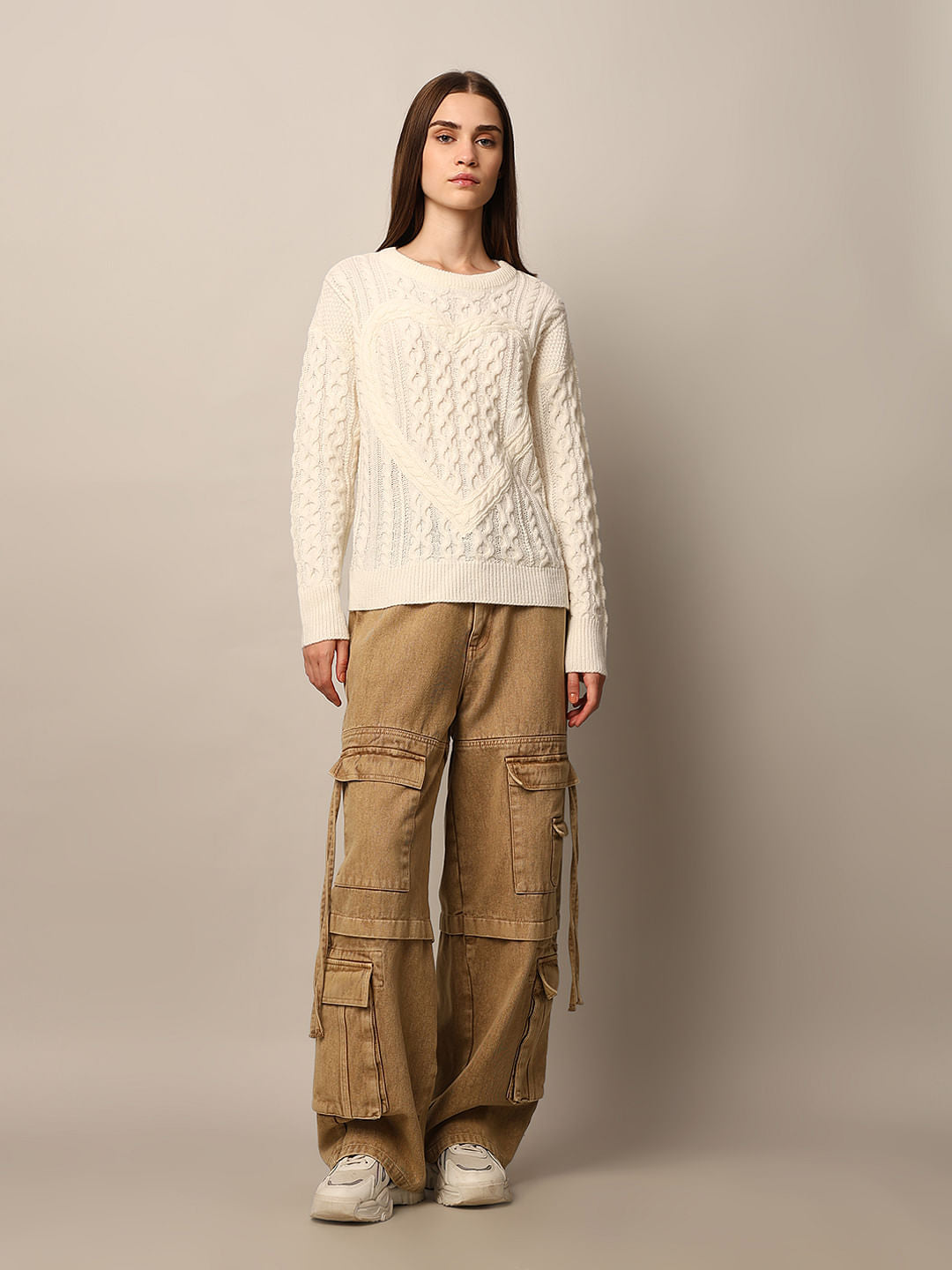 Cream Self-Design Knit Pullover