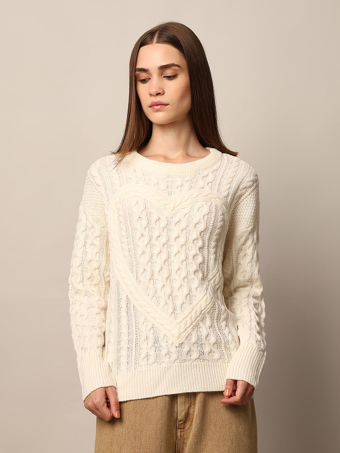 Cream Self-Design Knit Pullover