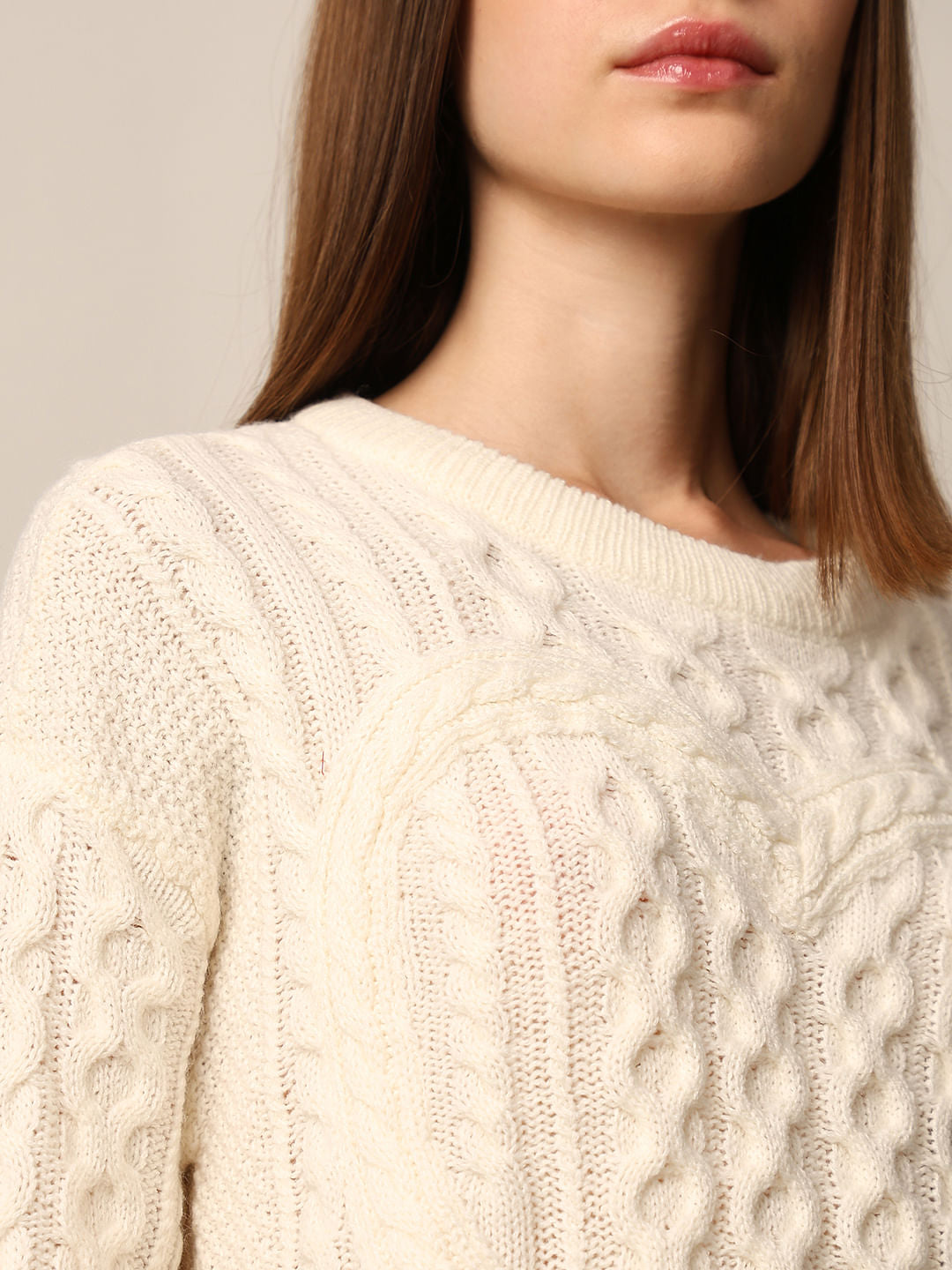 Cream Self-Design Knit Pullover