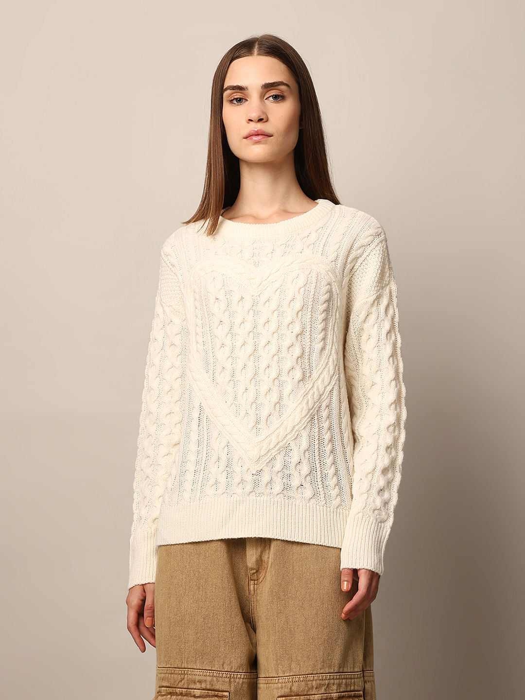 Cream Self-Design Knit Pullover