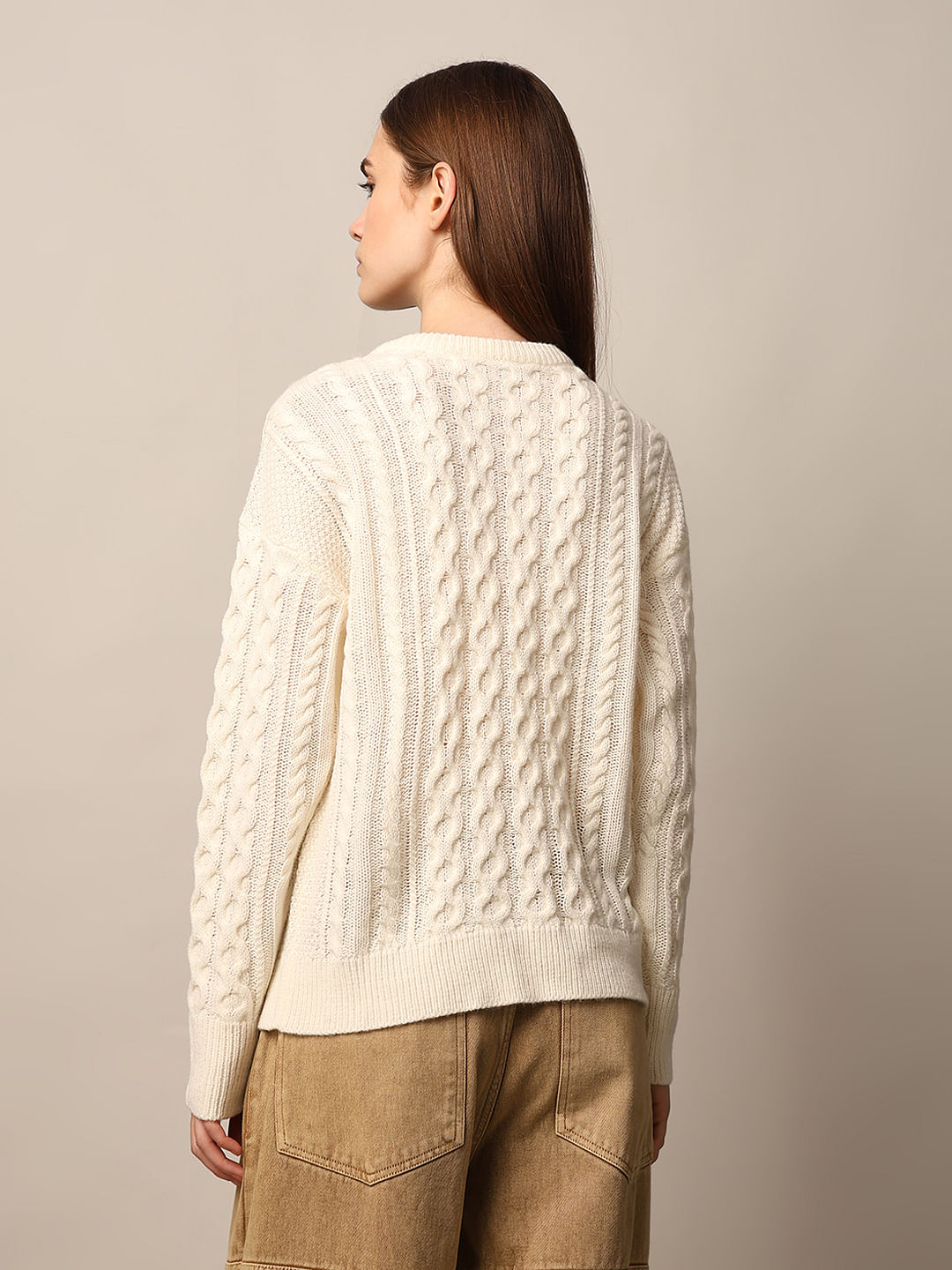 Cream Self-Design Knit Pullover