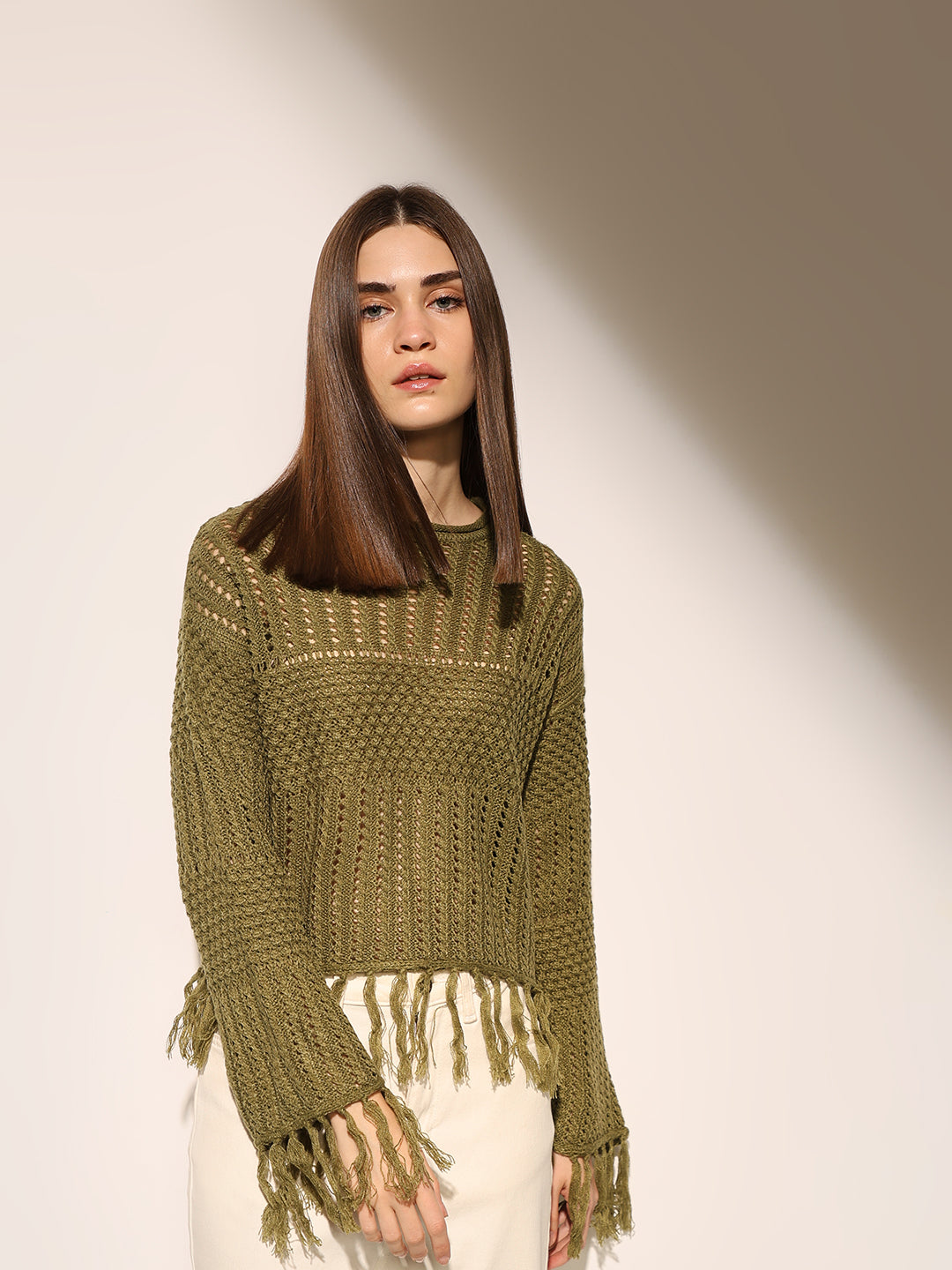 Green Fringed Knit Top