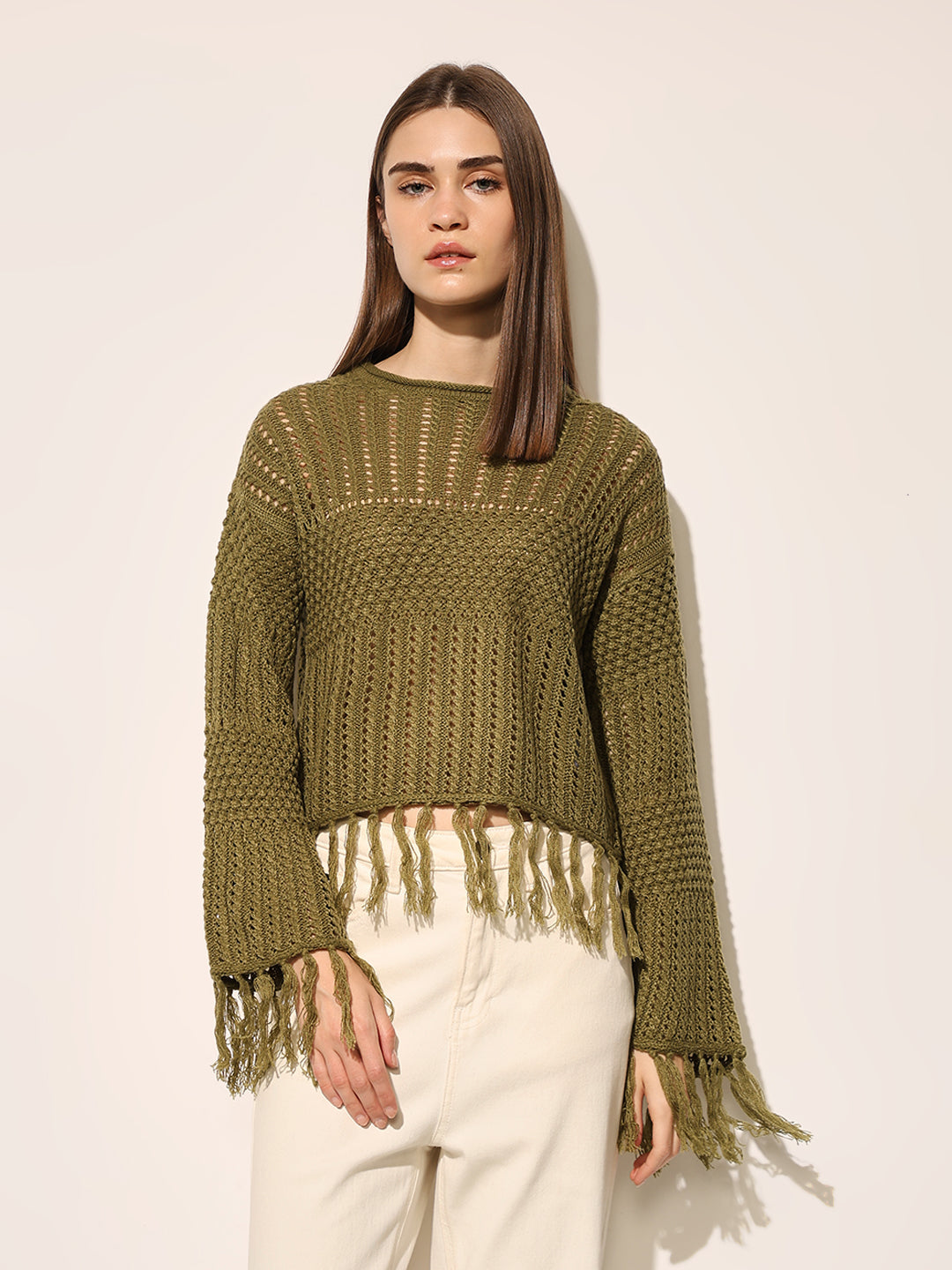 Green Fringed Knit Top