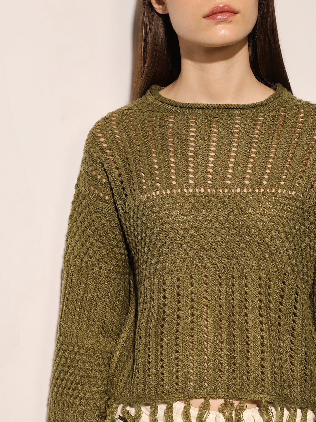Green Fringed Knit Top