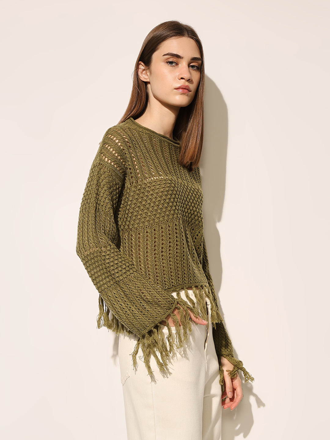 Green Fringed Knit Top