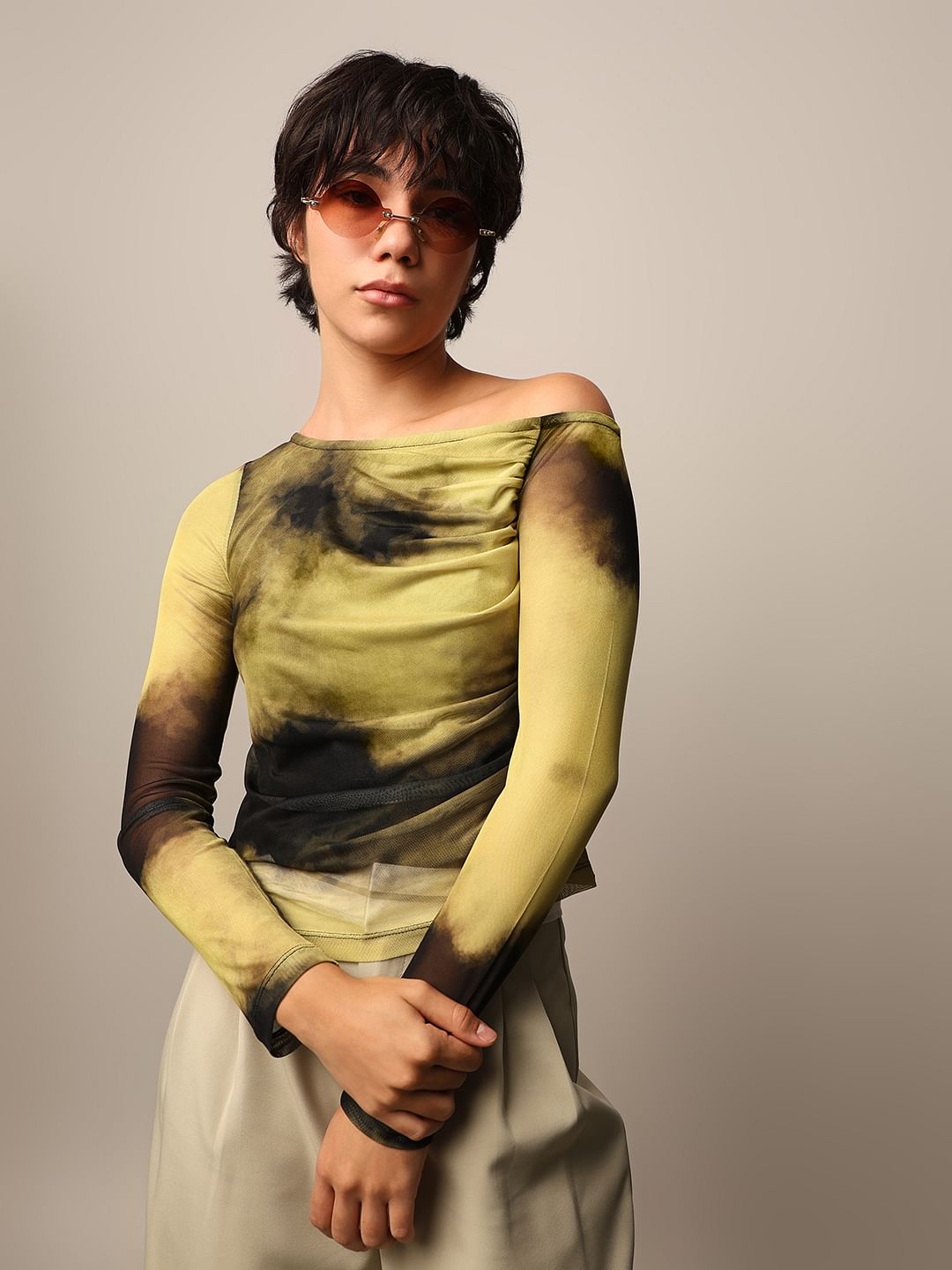 Yellow One Shoulder Mesh Top