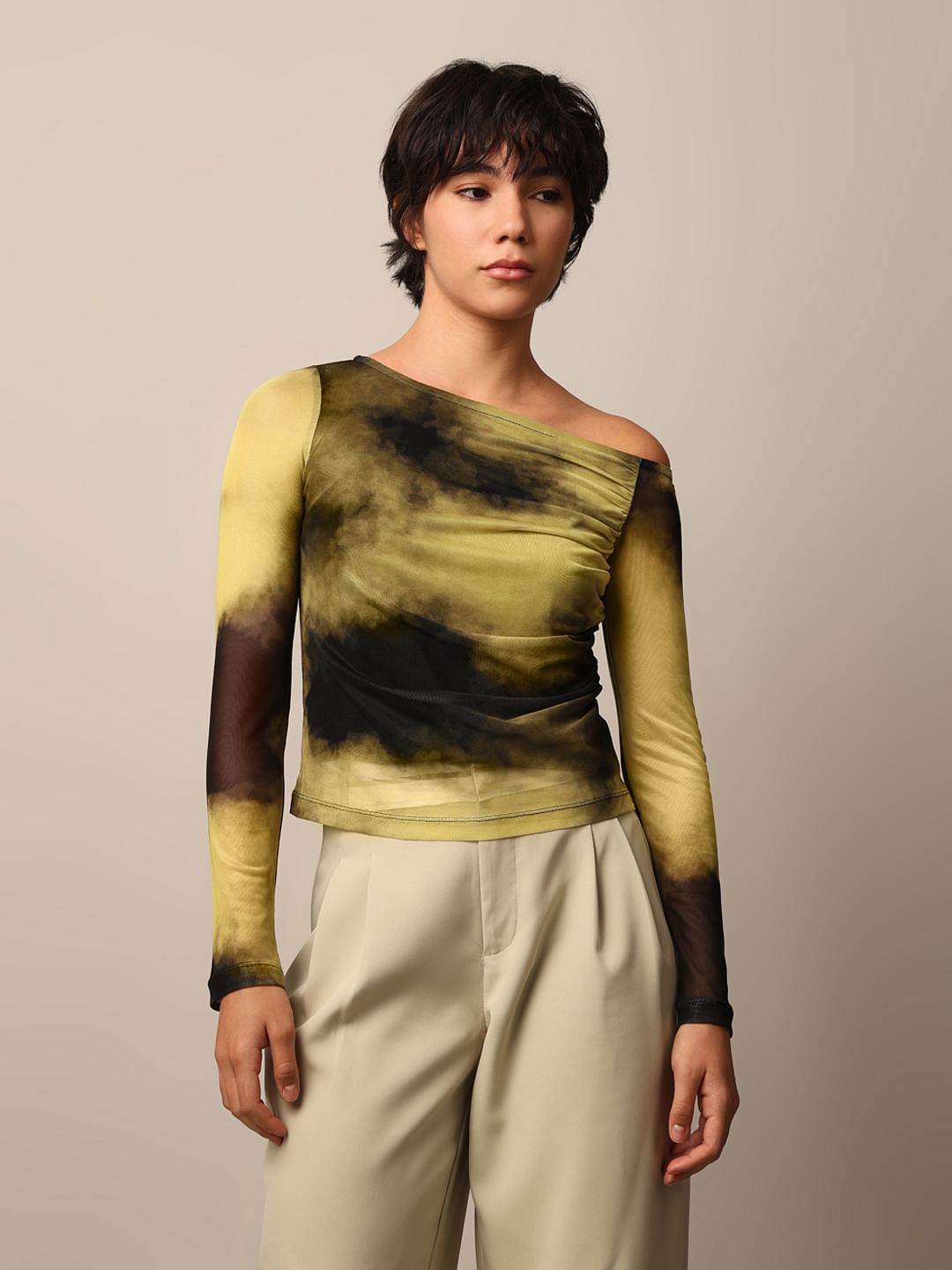 Yellow One Shoulder Mesh Top