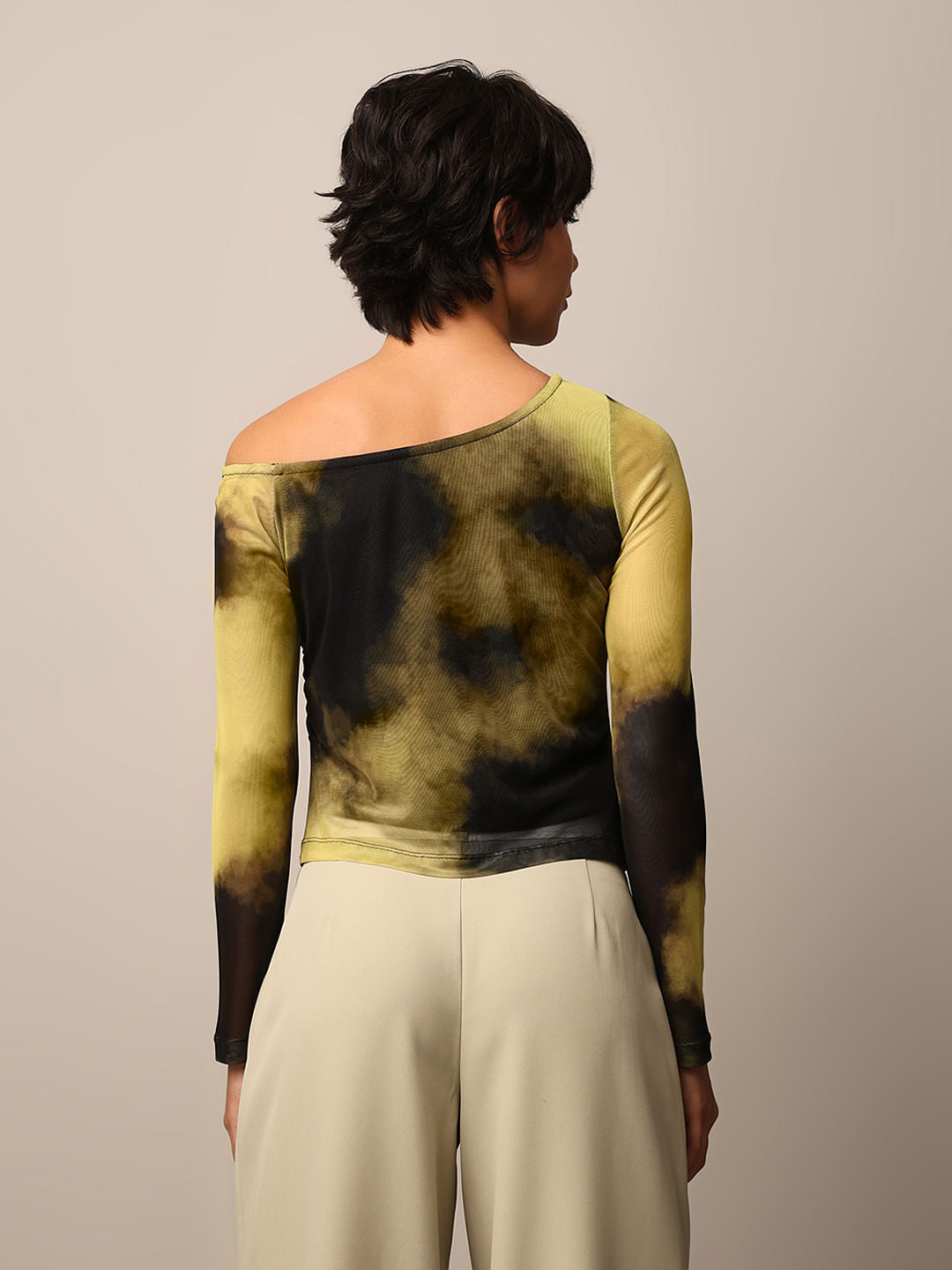 Yellow One Shoulder Mesh Top