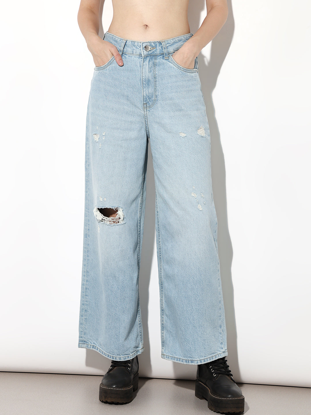Light Blue Distressed Wide Leg Jeans