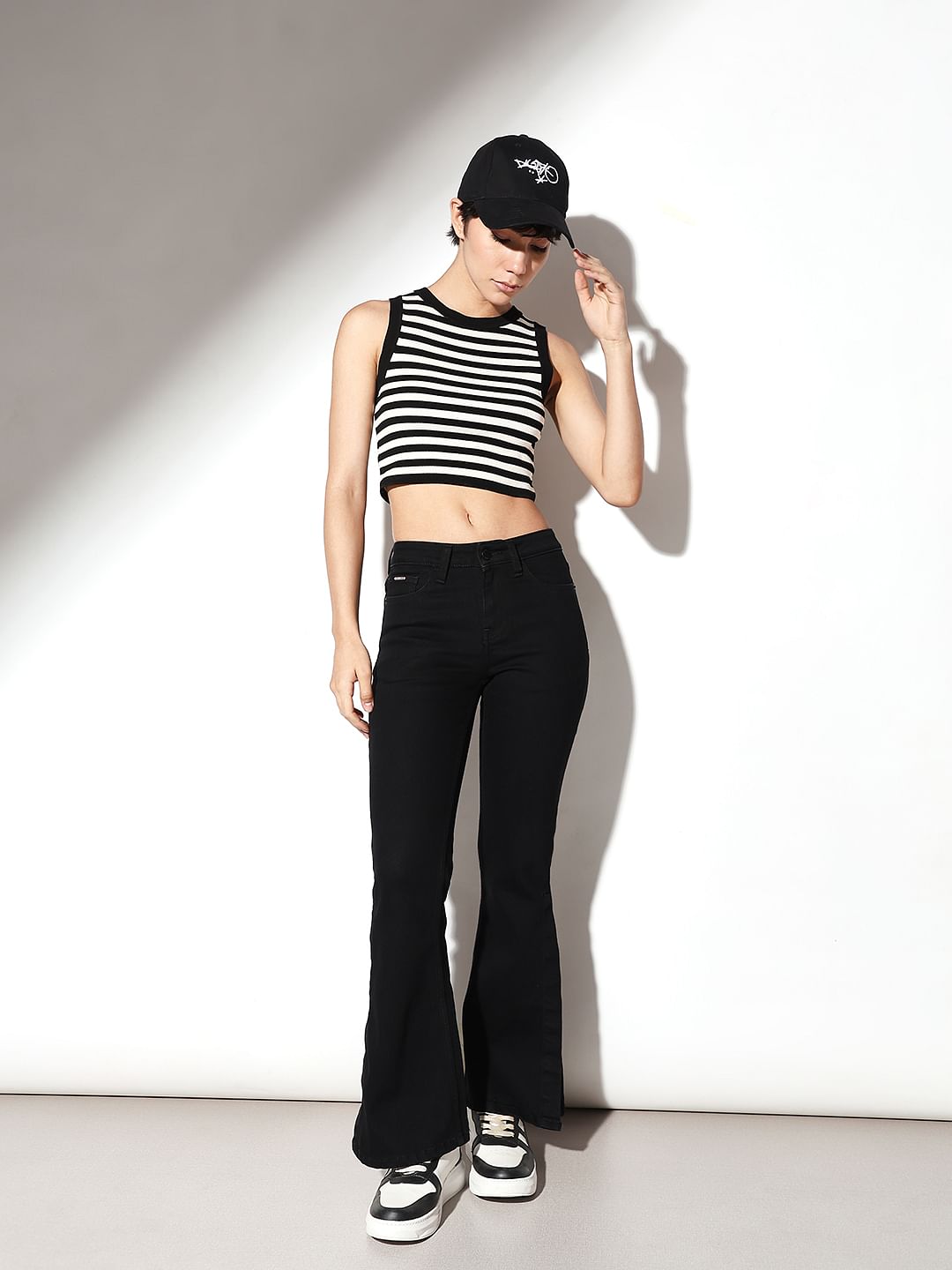Black High Rise Side Slit Flared Jeans