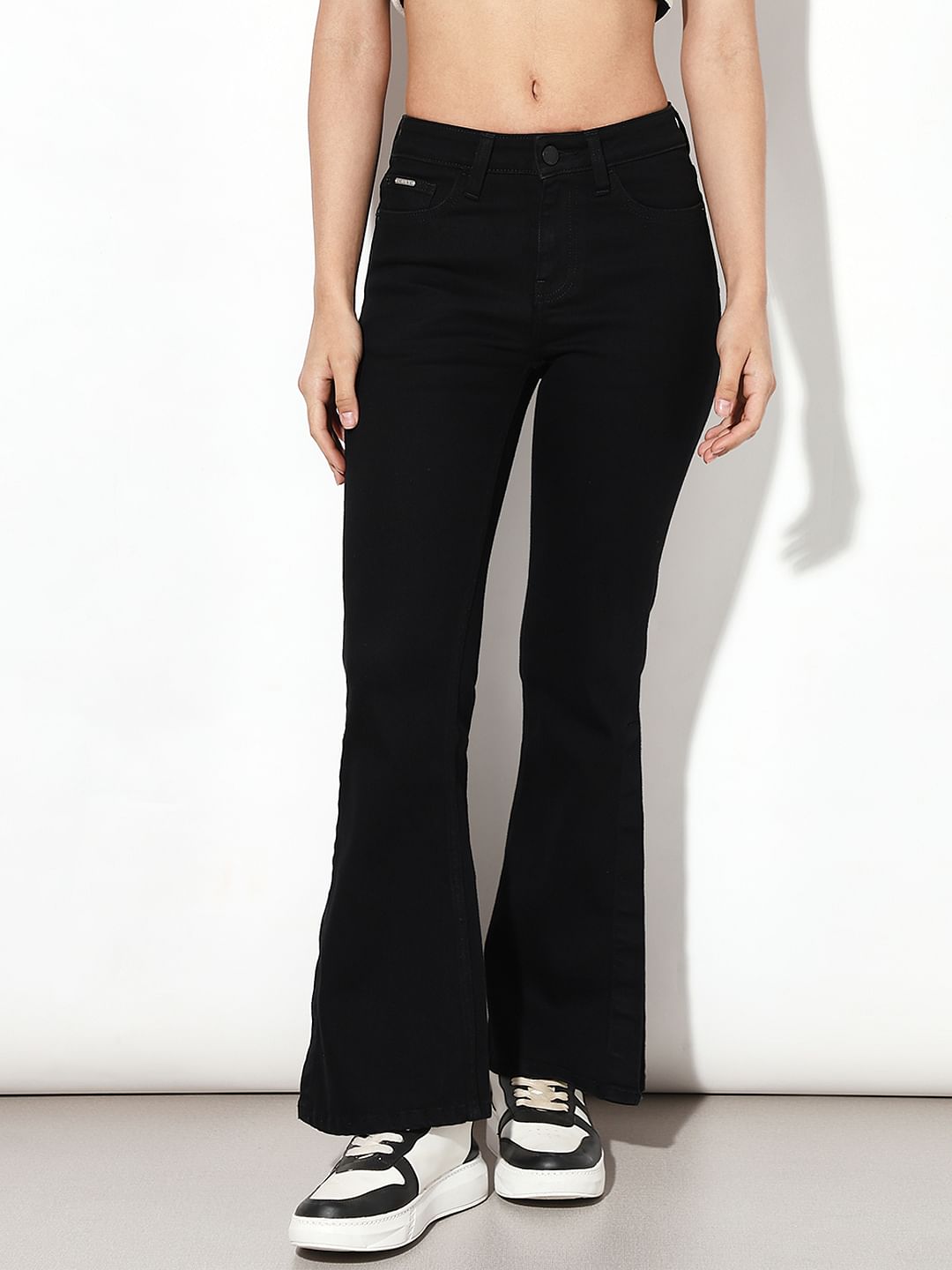Black High Rise Side Slit Flared Jeans