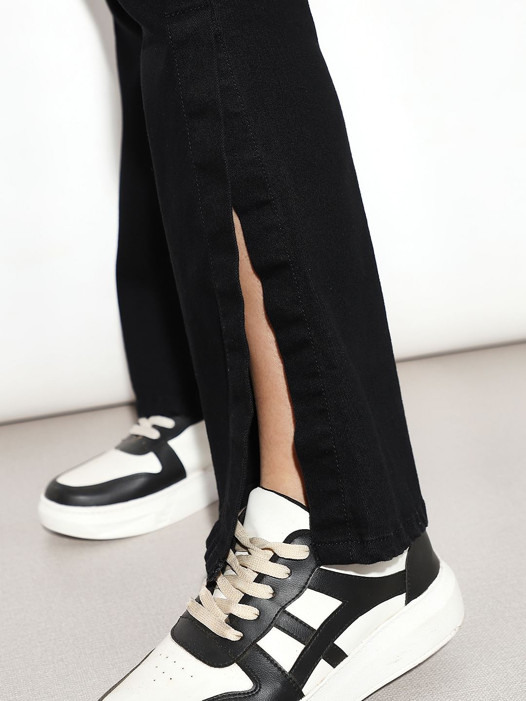 Black High Rise Side Slit Flared Jeans